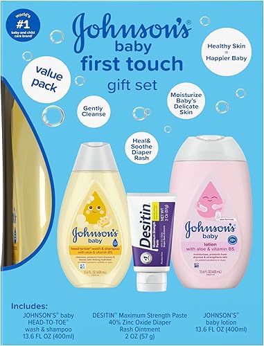 Johnson's First Touch Baby Essentials Set de regalo con gel de baño y champú, loción corporal y crema de óxido de zinc para la piel delicada del