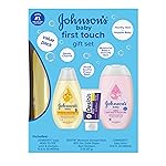 Johnson\'s First Touch Baby Essentials Gift Set with Body Wash & Shampoo, Body Lotion, & Zinc Oxide Diaper Rash Cream for Baby\'s Delicate Skin, Hypoallergenic, No Parabens or Dyes, 3 Items