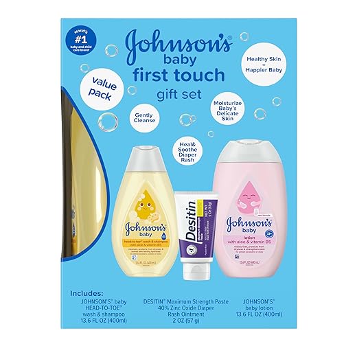 Johnson's First Touch Baby Gift Set, Baby Bath, Skin & Hair Essential Products, Kit for New Parents with Wash & Shampoo, Lotion, & Diaper Rash Cream, Hypoallergenic & Paraben-Free, 4 items