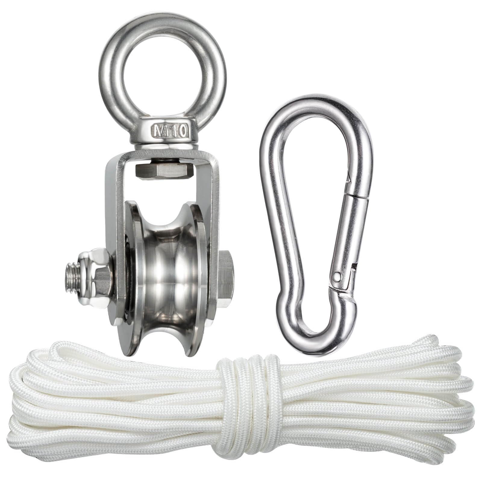 Umlenkrolle mit 2 Kugellager, Edelstahl Flaschenzug mit 10m/8mm Nylonseil, Tragfähigkeit 500 kg