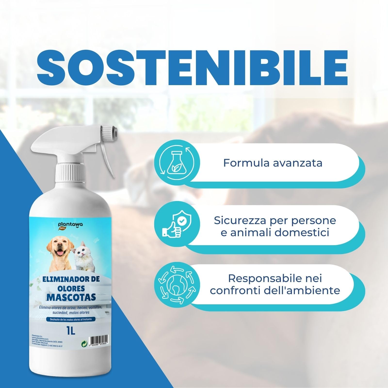 PLANTAWA Eliminatore di Odori di Animali Domestici Spray 1L | Eliminare Odore pipì Cane | Detergente Enzimatico urina Gatto, feci e Vomito | Repellente Naturale | Sicuro per Varie superfici e Tessuti