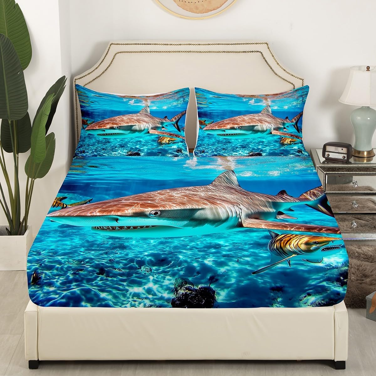 3D Shark Fitted Sheet Nautical Sea Animal Bed Sheets,Blue Ocean Marine Life Bedding Sets Underwater World Fish Bedding Decor Set Coastal Creature Bedroom Decor Full Size