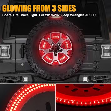 3-Side Spare Tire Brake Lights Fit for Jeep Wrangler 2018-2026 JL Unlimited | Plug & Play 3rd Third Brake Light for Jeep Wrangler JL JLU Accessories, 400PCS LED Super Bright LED Rear Ring Wheel Light