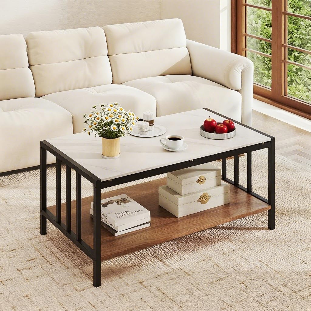 Giantex 2-Tier Coffee Table with Storage, Faux Marble Center Table Table with Sintered Stone Tabletop, Open Shelf & Sturdy Metal Frame, Modern Coffee Tables for Living Room, Reception Room