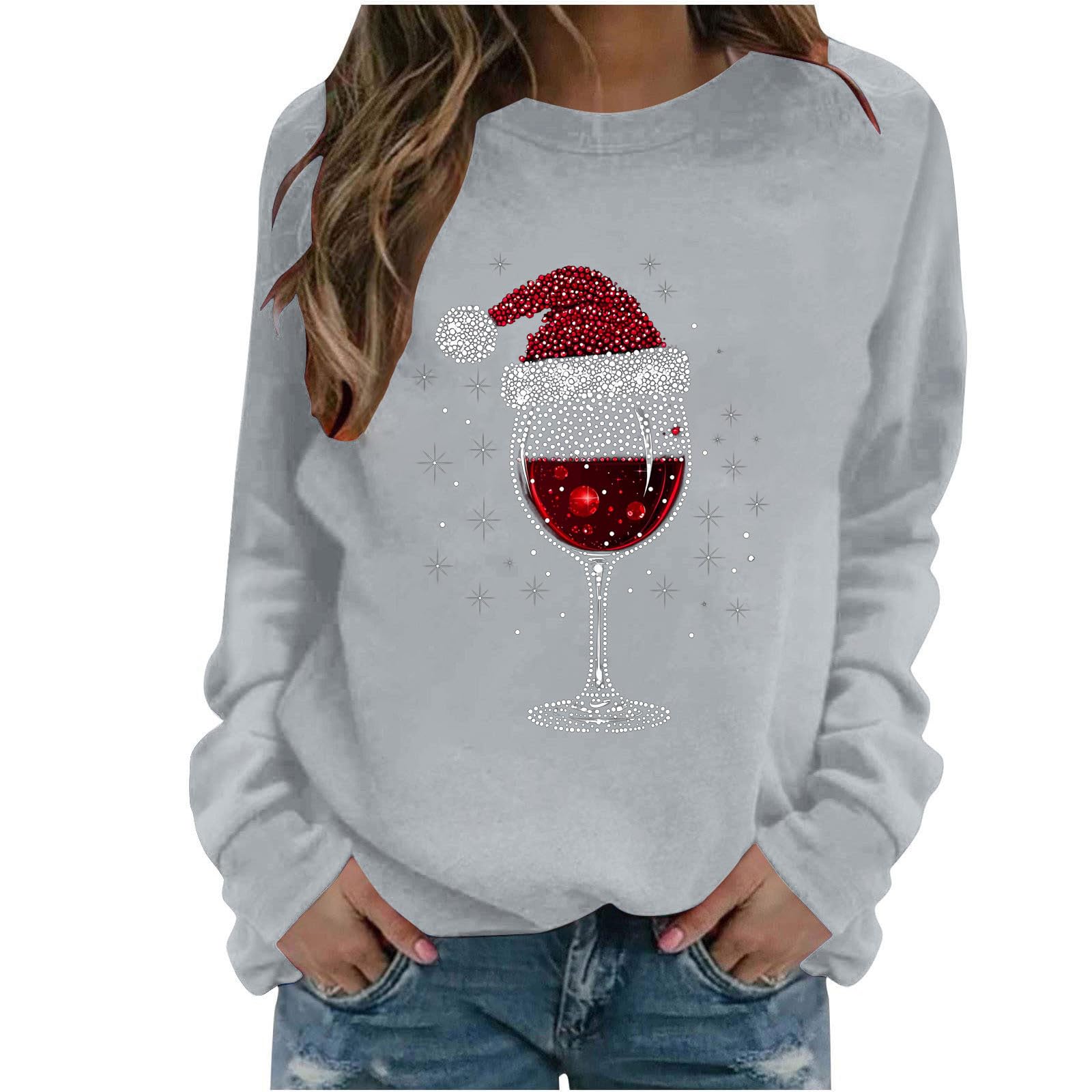 Crewneck Sweatshirts Women Ugly Christmas Sweater Funny Plus Size Long Sleeve Xmas Tops Wine Glass Shirts Pullover