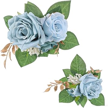 2-Piece Artificial Rose Flower Cake Toppers Set, 9.5 Inch Orange and Peach Roses with Gold Leaves, Wedding Birthday Party Cake Decorations Blue