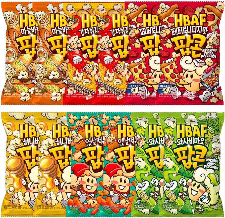 – HBAF Flavoured Popcorn Variety Pack 80g (12 Bags) – Assorted 6 Savoury & Sweet Flavours, Crunchy Korean-Style Popcorn Snacks for Sharing