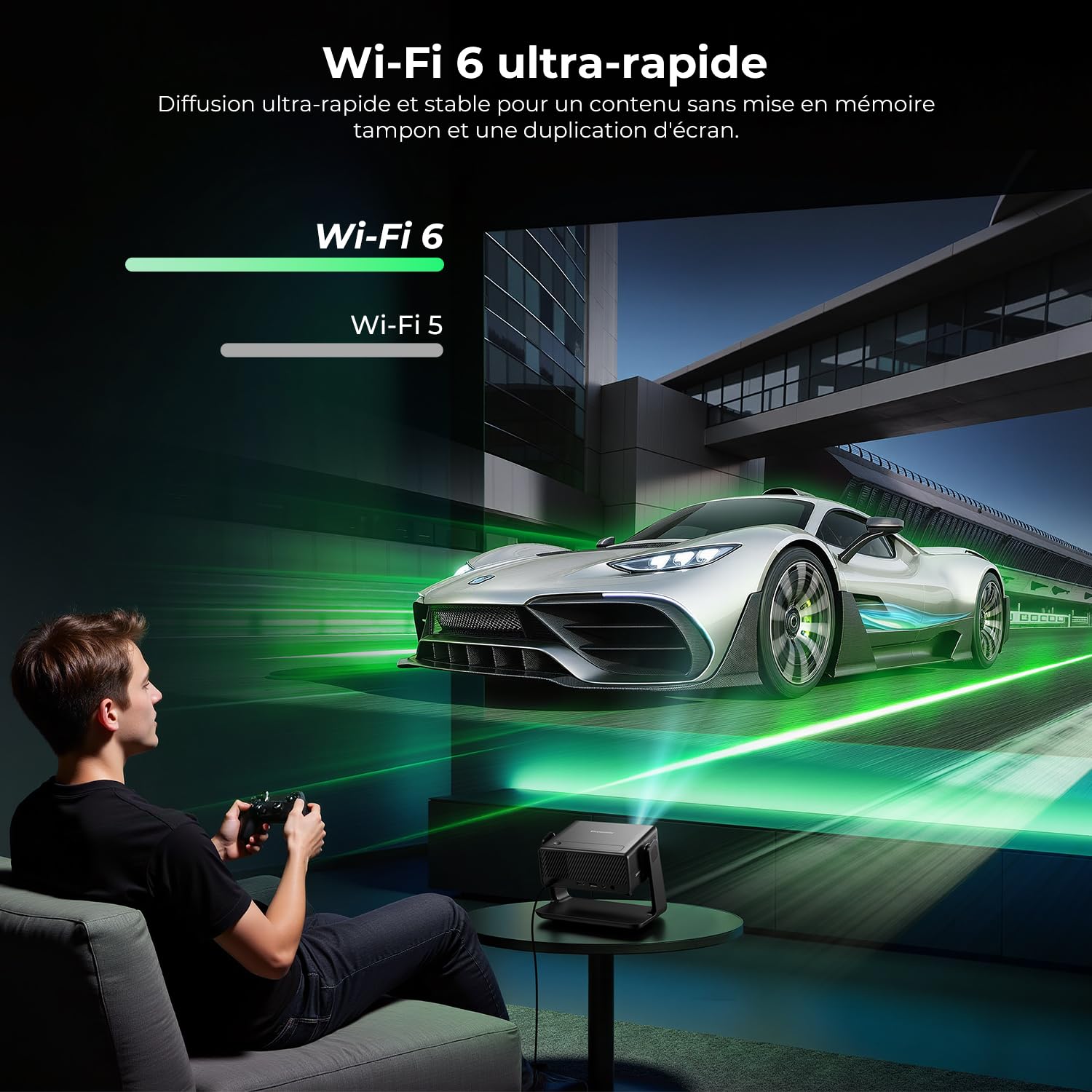 Einyoumily Vidéoprojecteur, Compatible Netflix 1080P, WiFi6 & Bluetooth | Retroprojecteur Focus Électrique/Correction Trapézoïdale, Compatible 100000 Apps, Heimkino/Outdoor