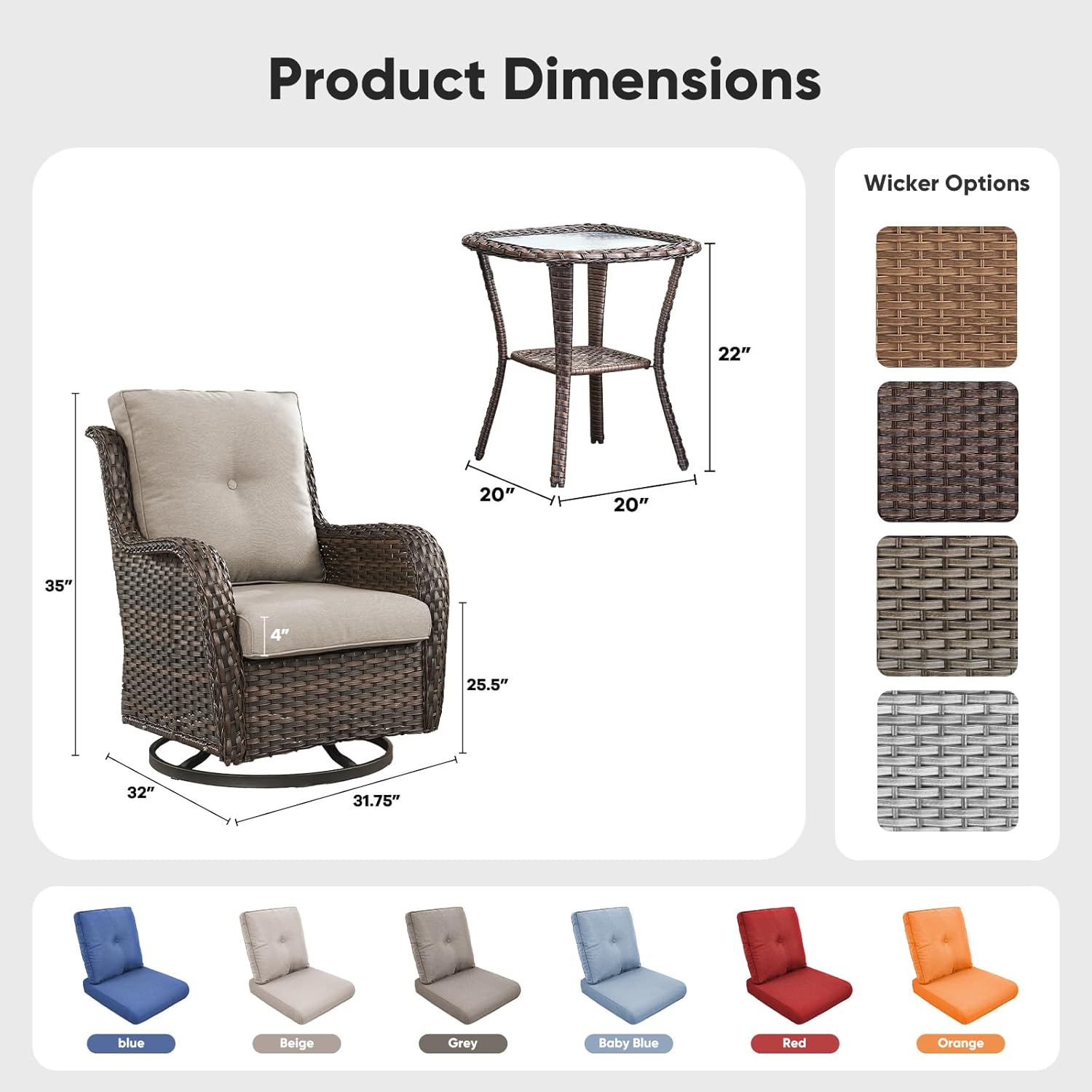 Belord Patio Wicker Chairs Swivel Rocker,Outdoor Patio Furniture Set with Rattan Side Table, All Weather Conversation Set for Porch Poolside Balcony, Brown Wicker/Beige