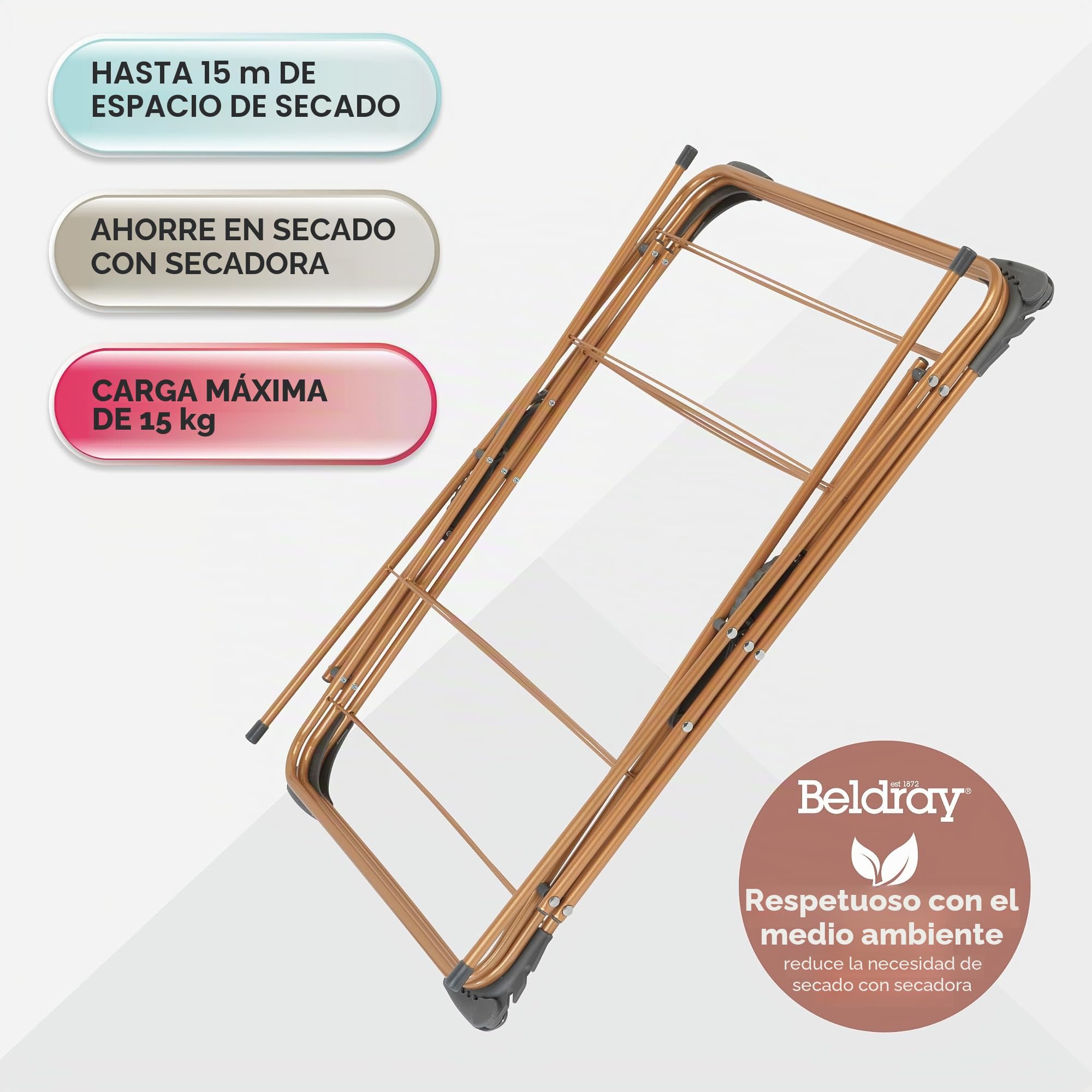 Beldray LA089397GRYU7 Tendedero Vertical De 3 Niveles De Edición Cobre, Elegante, 15 Metros de Tender, Plegable y Compacto, Carga Máx. 7kg, Cuelga Hasta 28 Prendas, Secar La Colada Con Facilidad