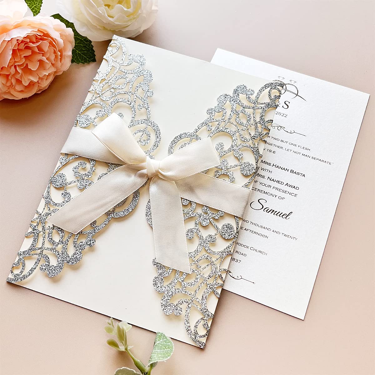 20PCS Hochzeitseinladungskarten mit Elfenbeinbändern und Umschlägen für Hochzeitsbrautduschen-Verlobungs-Geburtstags-Abschluss-Einladungen (Silber glitter)