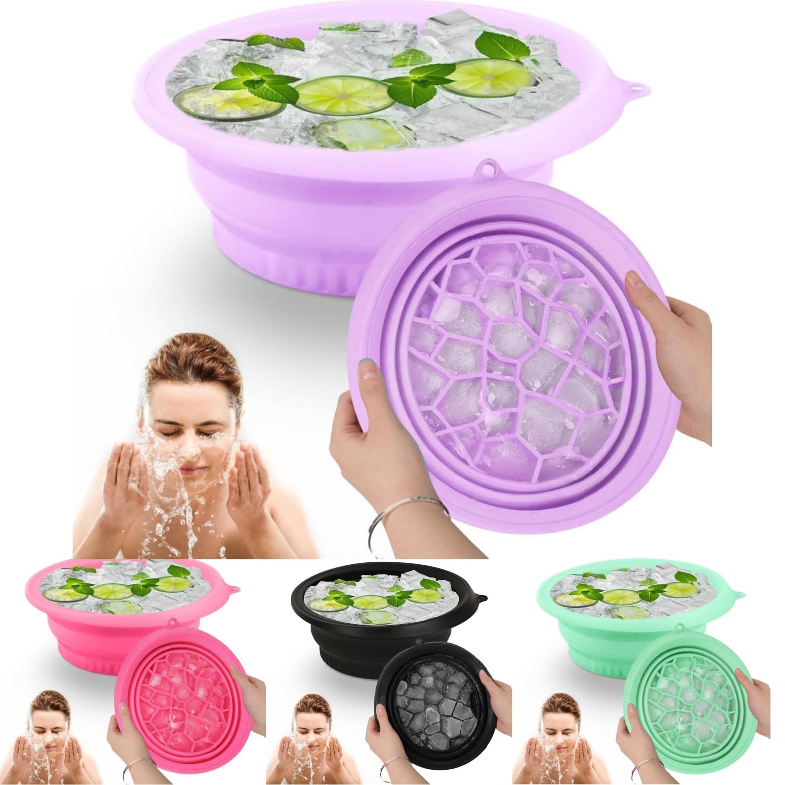 Casbomy Eisbad Schüssel, Silikon Schüssel für Gesicht Eisbad, Tragbares Waschbecken für Schwellungserleichterung, Schnell Kühlendes Eingebauter Eiskalt, Haut Badezimmerzubehör mit Haken​ (Lila)