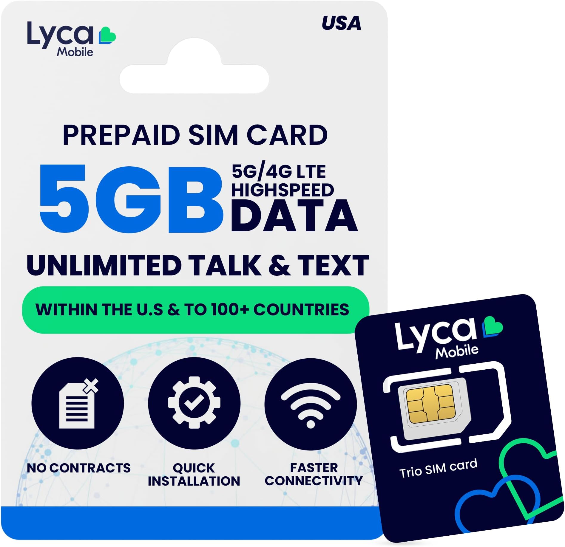 JZN Market30 Day USA Prepaid SIM Card for Cell Phones with 5GB High Speed 4G LTE/5G Data, International Talk & Text to 100+ Countries, Quick Activation, 3-in-1 Triple-Cut US Mobile SIM Card