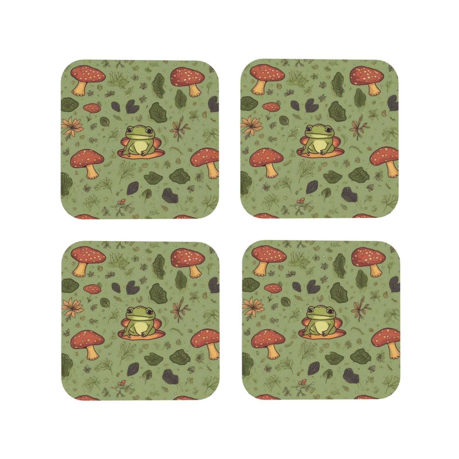 4pcs Drink Coasters for Tabletop Protection, 4" Leather Coasters for Drinks, Frogs and Mushrooms Cup Coasters for Coffee Table Decor, Non-Slip Drinking Cup Mat for Hot Or Cold Drink