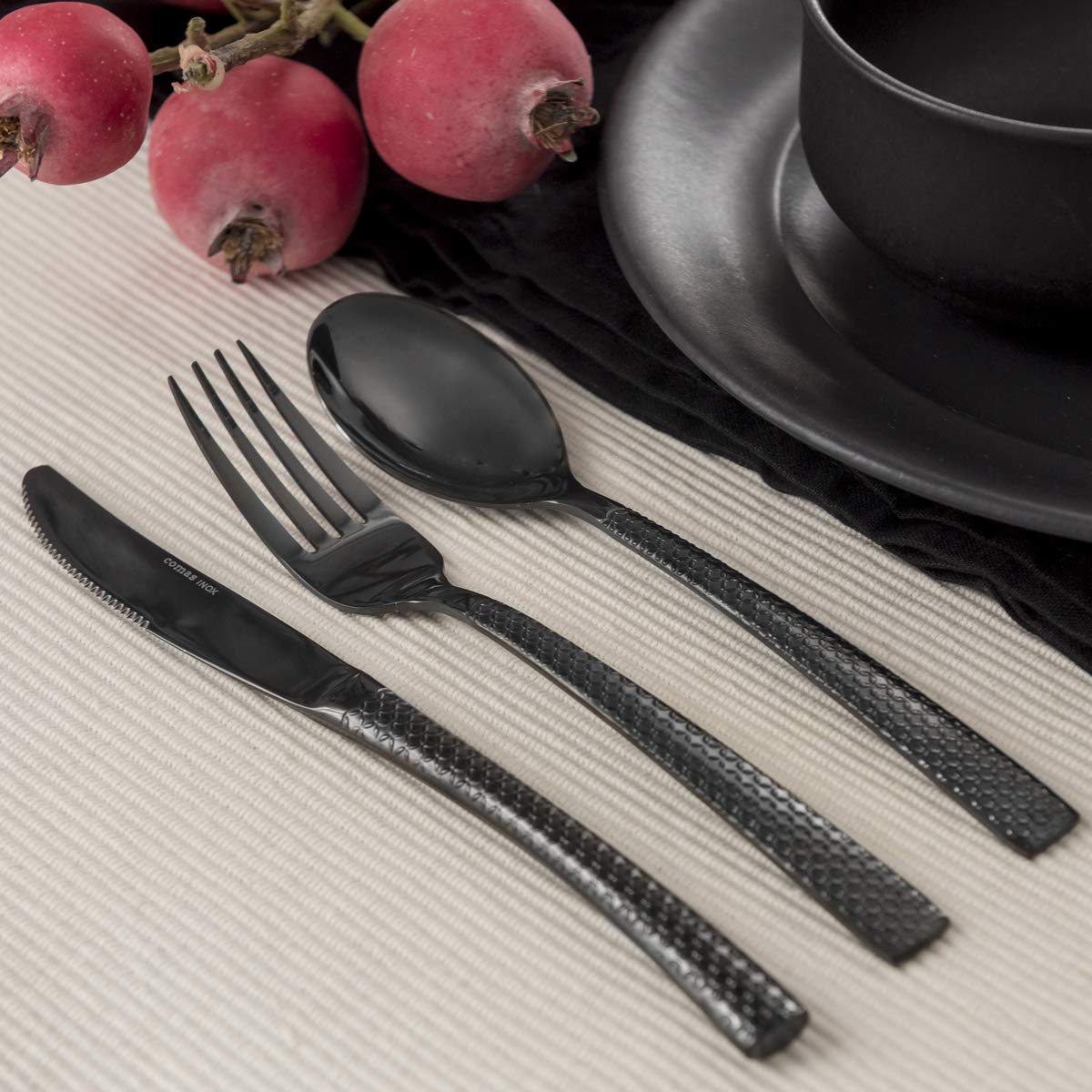 Comas Besteckset Hidraulic Black 24-tlg., Tafelbesteck, Edelstahl, PVD-Beschichtung, Spiegelfinish, Schwarz, 7211