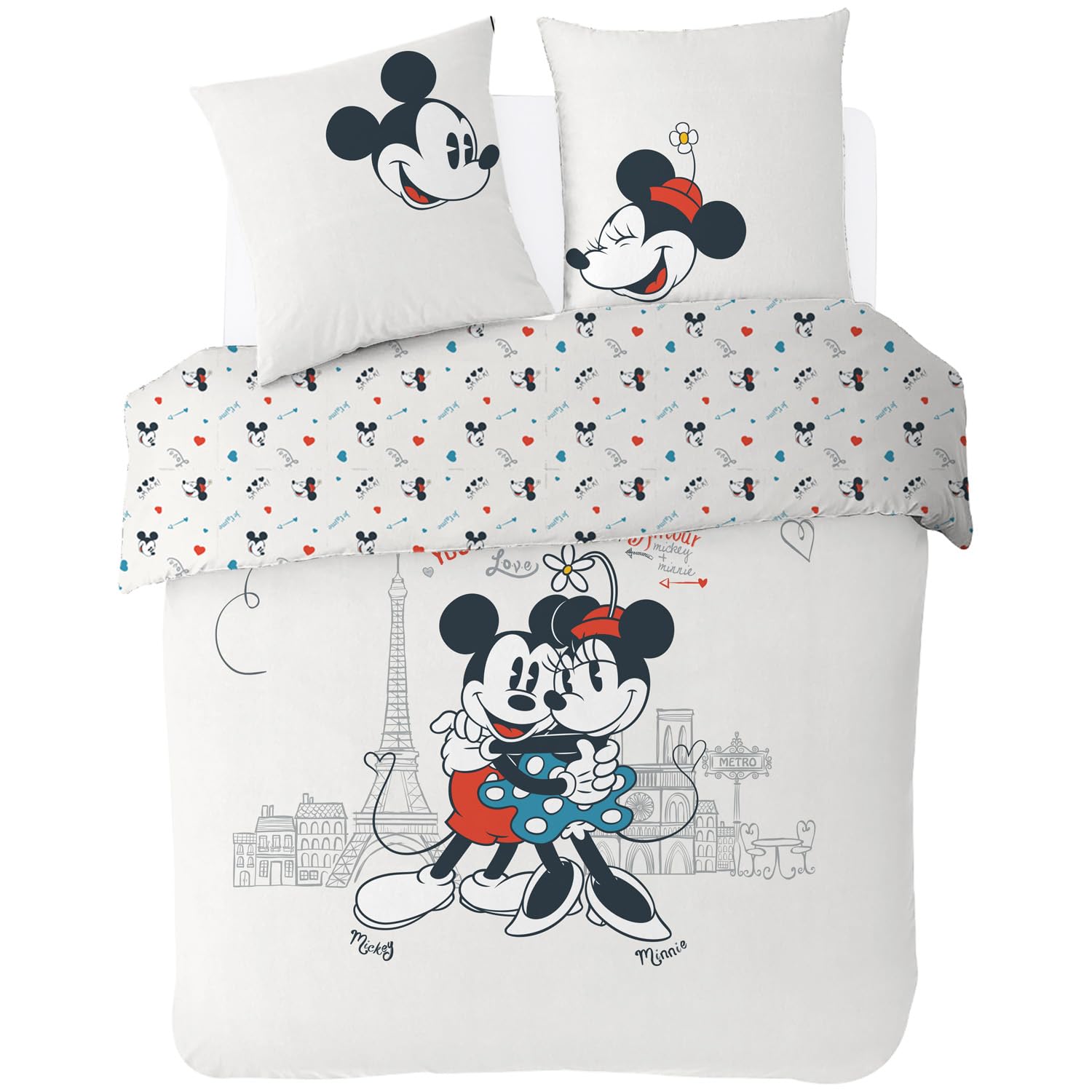 Disney - Housse de Couette Mickey et Minnie Paris Love - 220x240 cm + 2 taies d'oreiller 63x63 cm - 100% Coton - Ecru