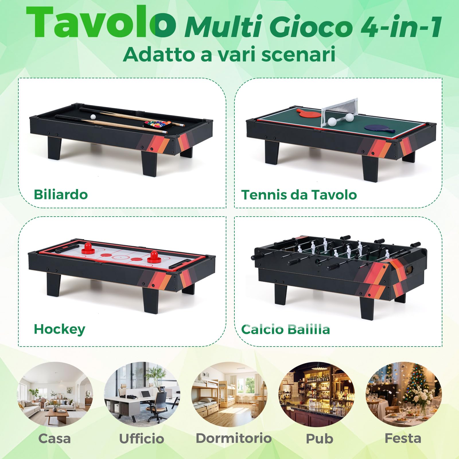 COSTWAY Tavolo Multigioco, Gioco Multifunzione 4 in 1-Calcio Balilla, Tavolo da Biliardo, Ping Pong, Air Hockey, Calcetto Multigioco per Adulti e Bambini, Casa Feste Bar (Nero)
