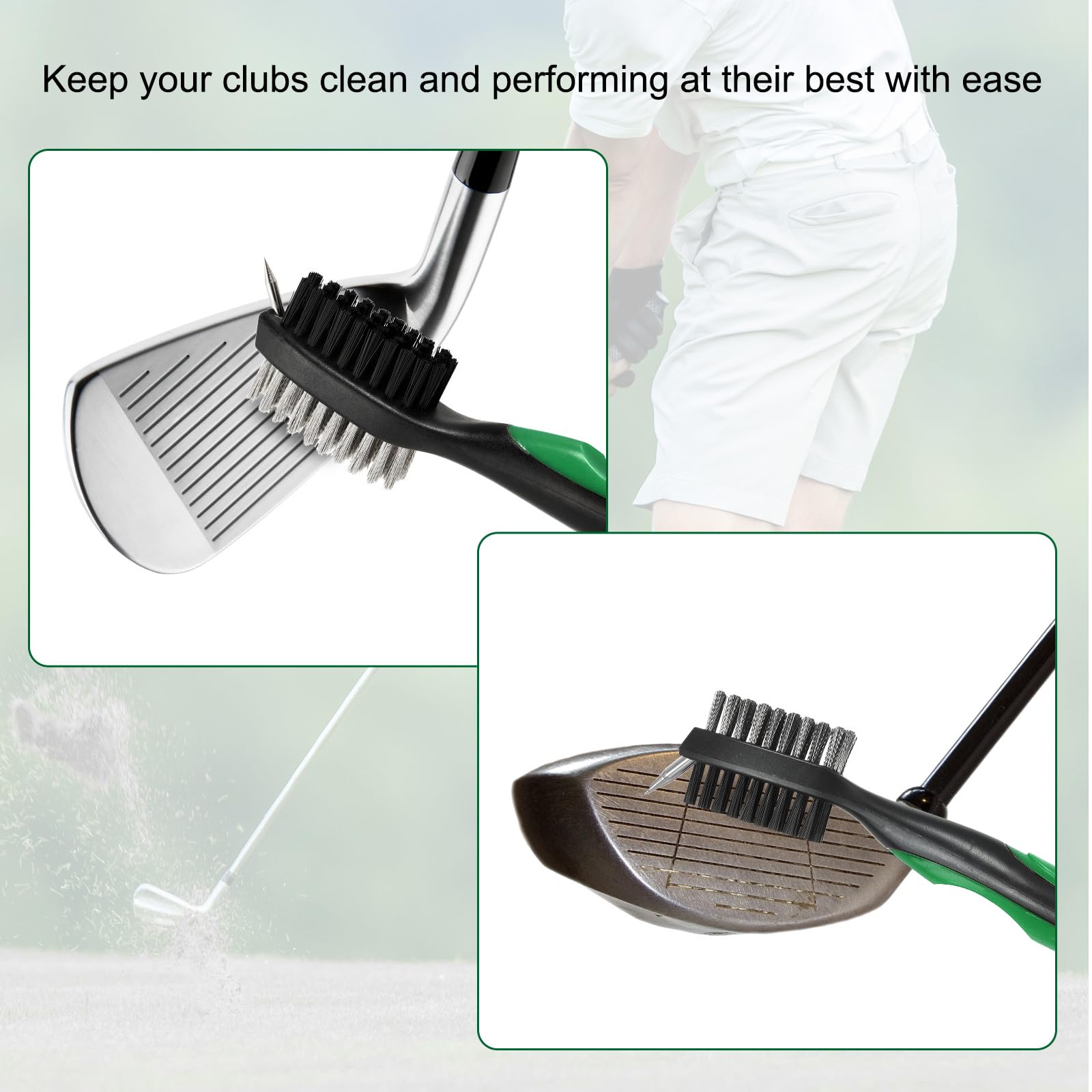 PATIKIL Golf Club Brush with 2.75 Ft Retractable Zip-line, Golf Club Groove Cleaner with Cleaning Tip Nylon and Wire Bristles, Green - Image 4