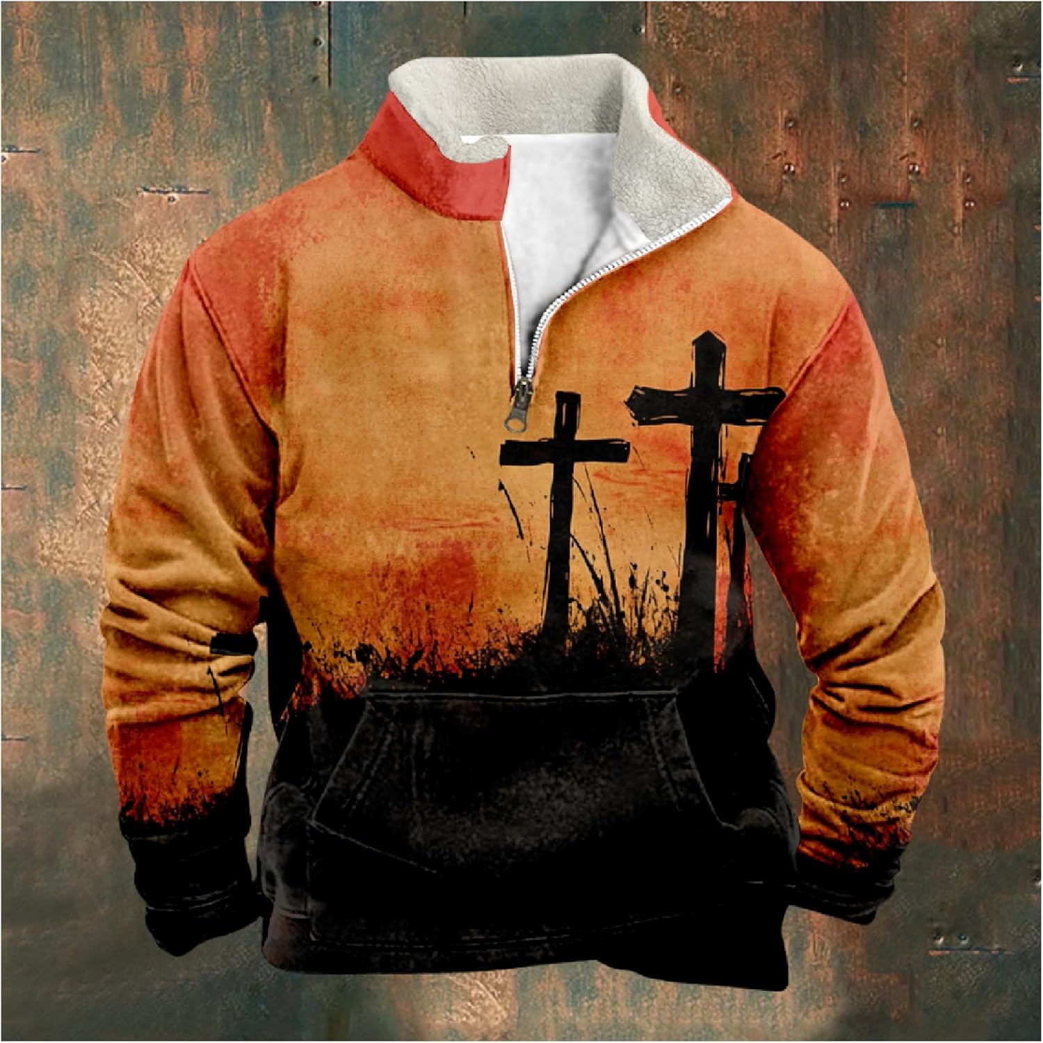 MARSVOVO Men's Outdoor Casual Stand Collar Long Sleeve Sweatshirt Quarter Zip Shirts Vintage Print Fashion Cowboy Hoodie - Image 3