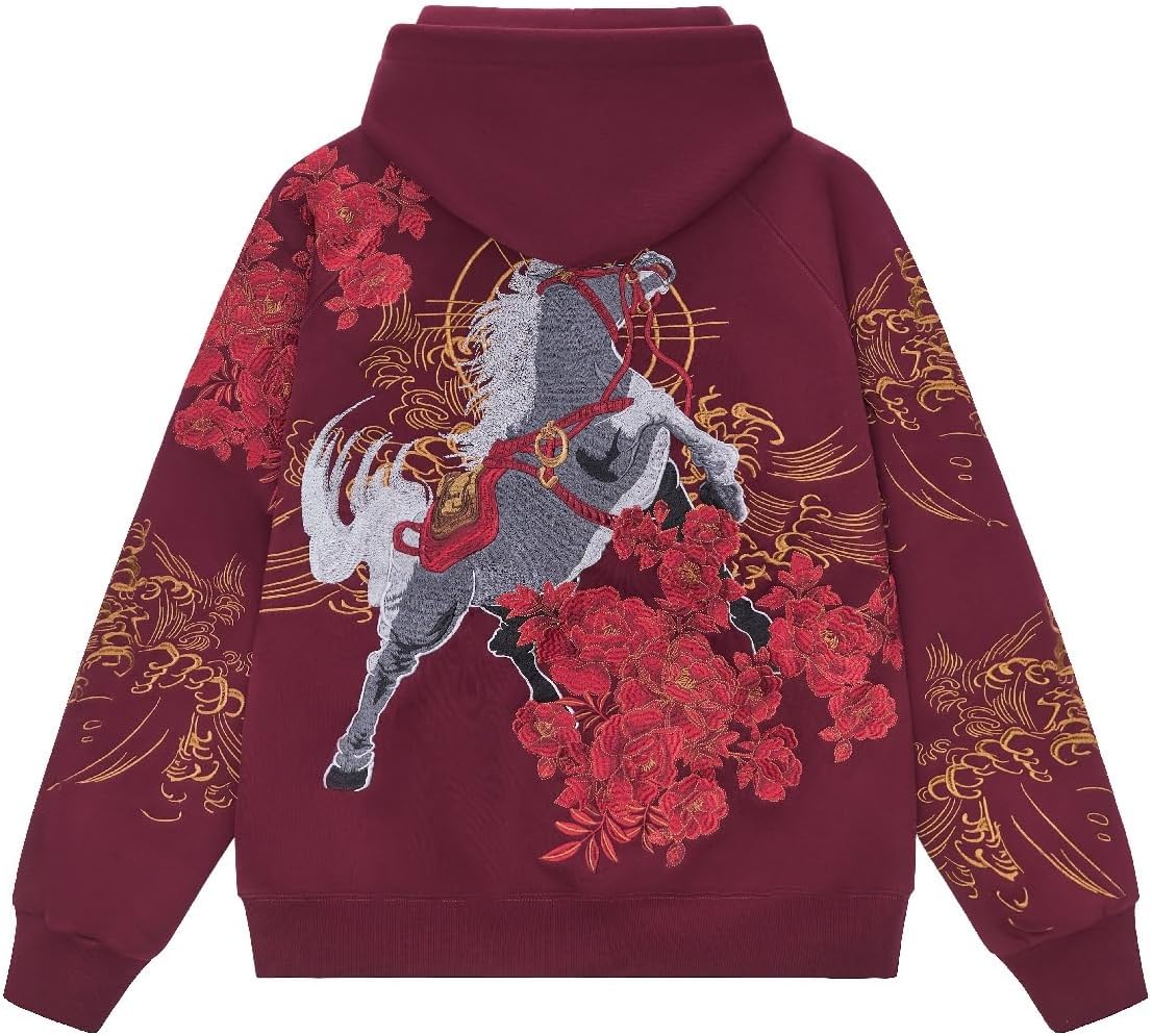 Men's Embroidered Pullover Hoodie Chinese Style Loose Fit Fleece Hooded Sweatshirt