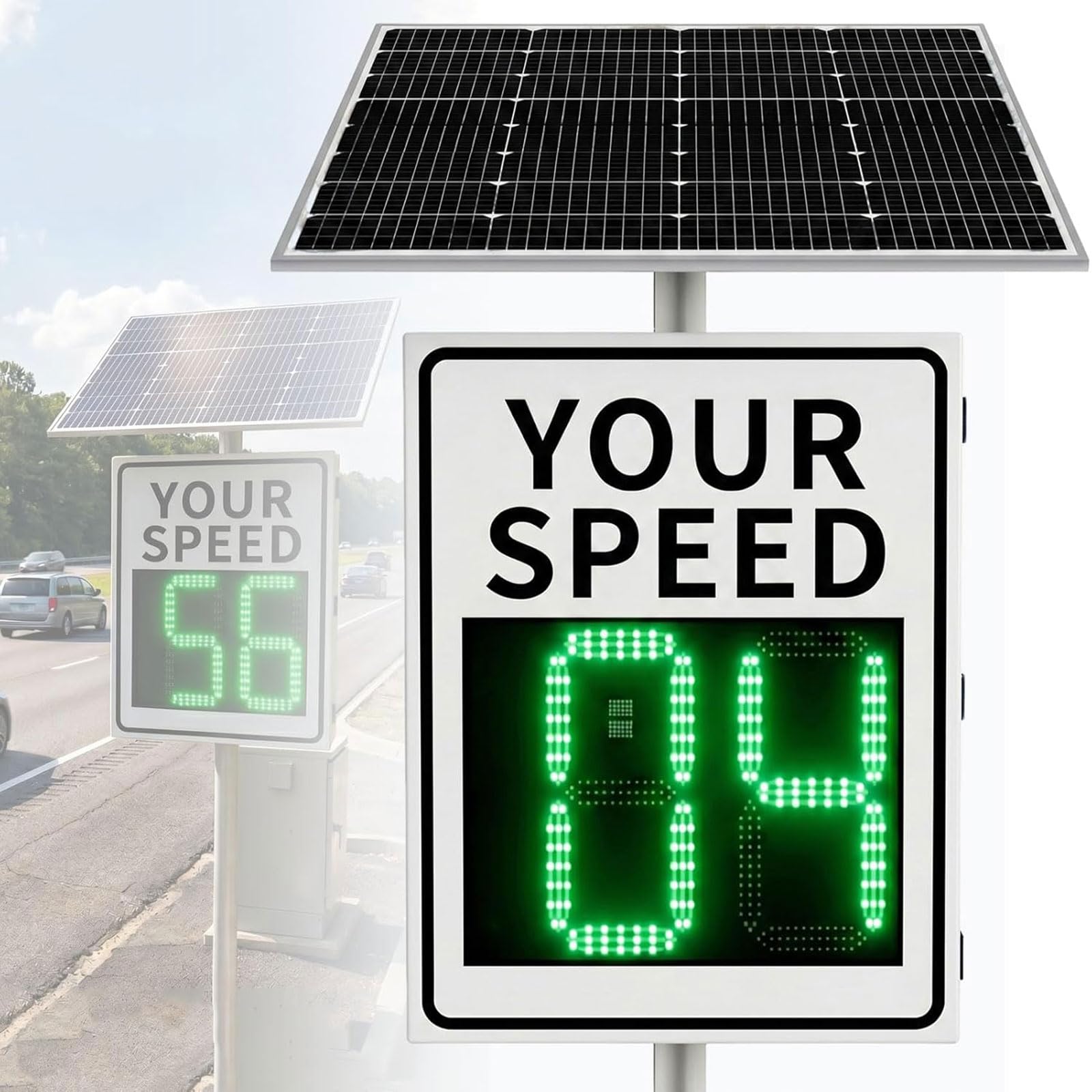 Cartel de Velocidad Radar Solar, 23.6"x35.4" Señal Digital de Límite de Velocidad, IP65 Resistente al Agua, Carcasa de Aluminio, Límite Ajustable, 2 Dígitos LED, para Control de Tráfico