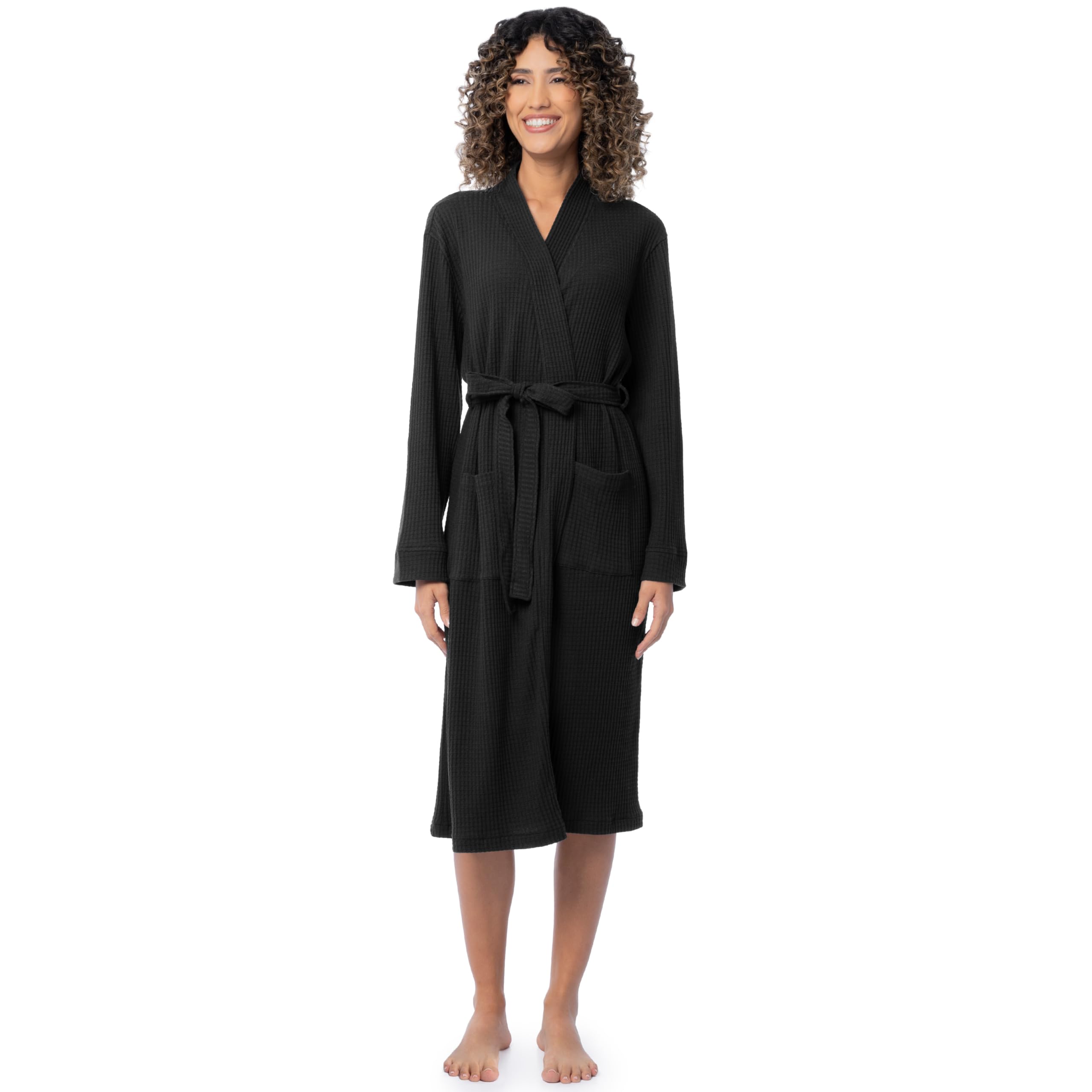 Fruit of the Loom Womens Lightweight Waffle Knit Kimono Robe, Black, Medium
