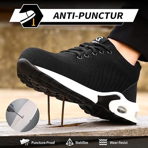 Miniatura 3 de GLANOUDUN Zapatos de punta de acero para hombre, zapatos de trabajo negros, zapatos de seguridad ligeros para hombres, zapatos de seguridad