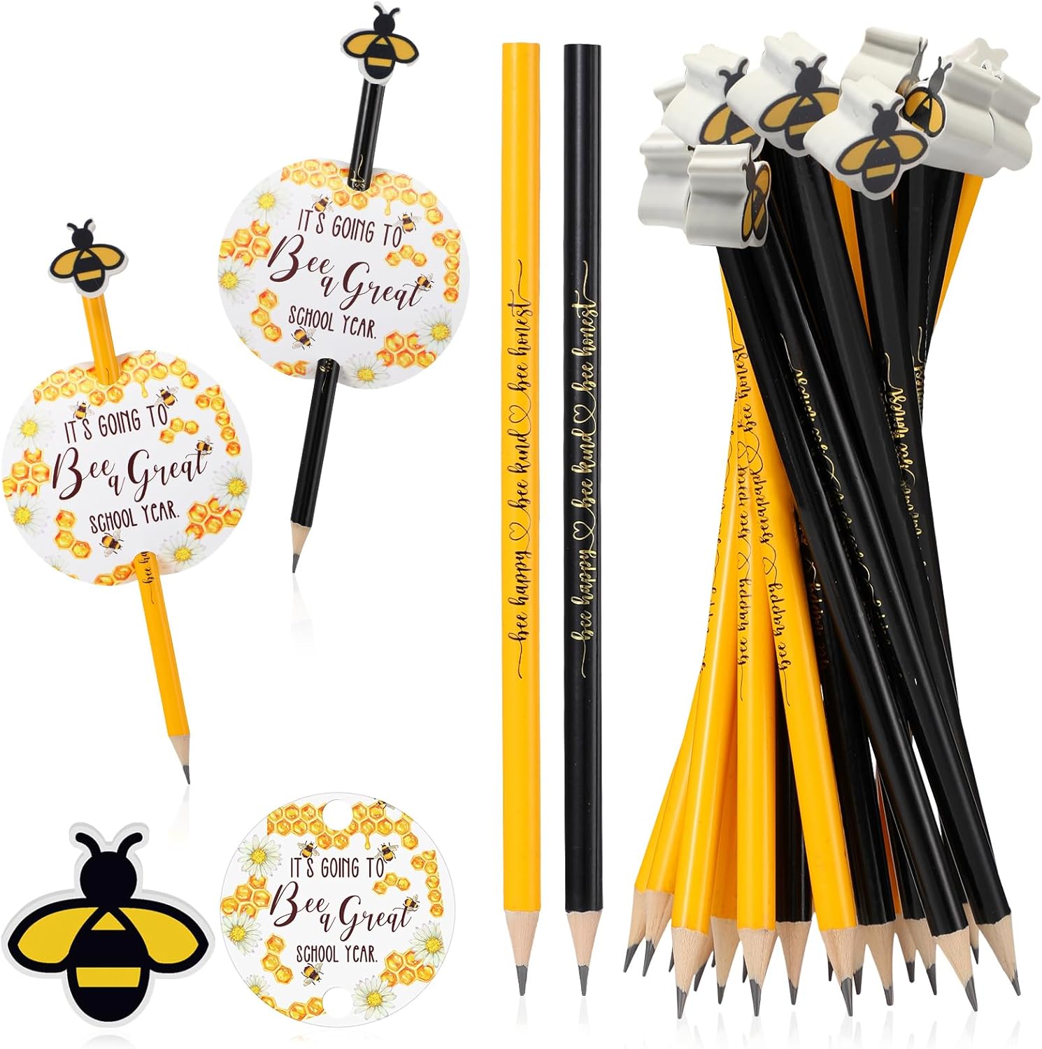PerKoop 50 Sets Bee Themed Back to School Gifts Bulk with Presharpened Cute Bees Pencils and Erasers Motivational Postcards for Spelling Bee Decorations Classroom Rewards Bees Party Favors