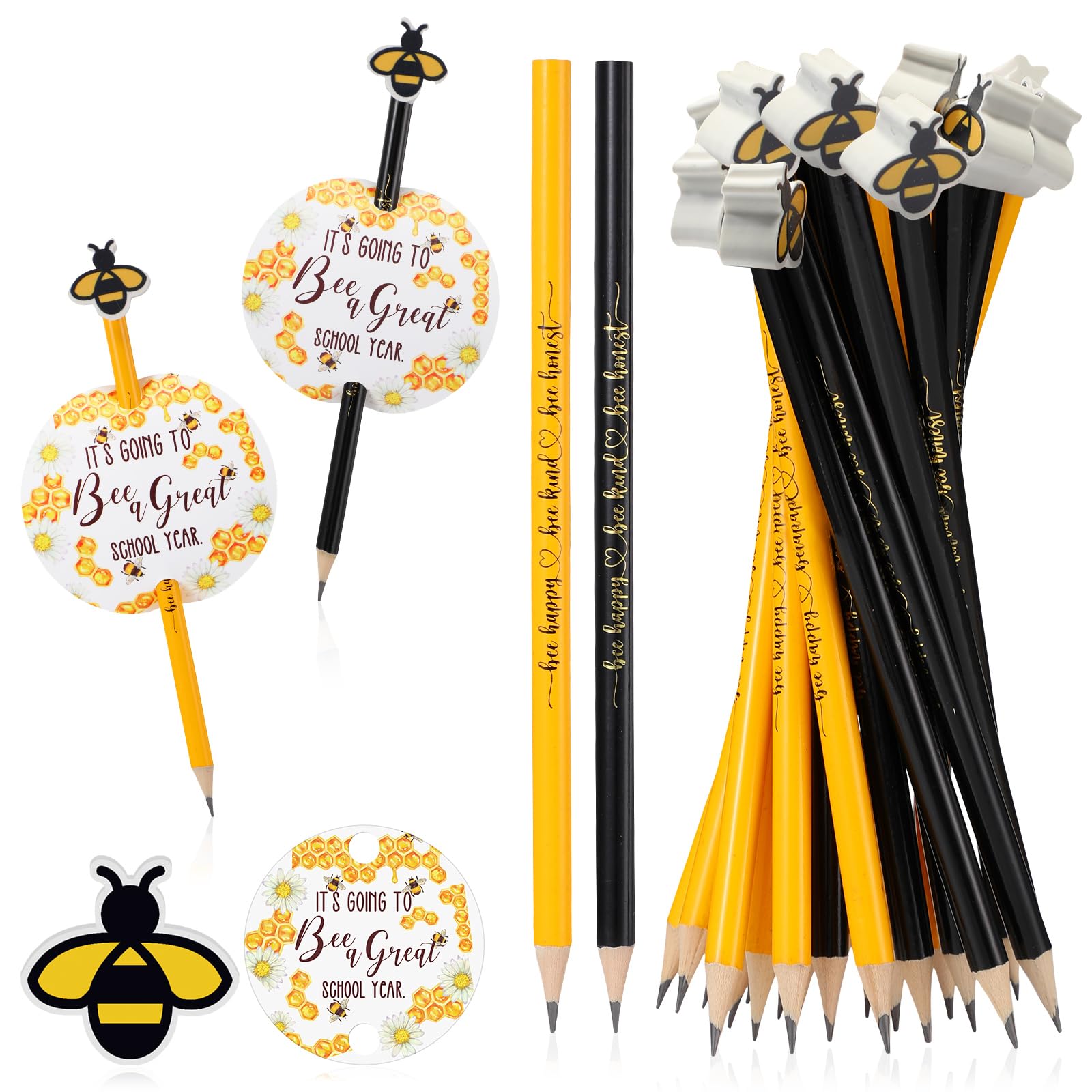 PerKoop 30 Sets Bee Themed Gifts Back to School Gifts with Presharpened Cute Bee Pencils and Erasers Motivational Postcards Classroom for Students