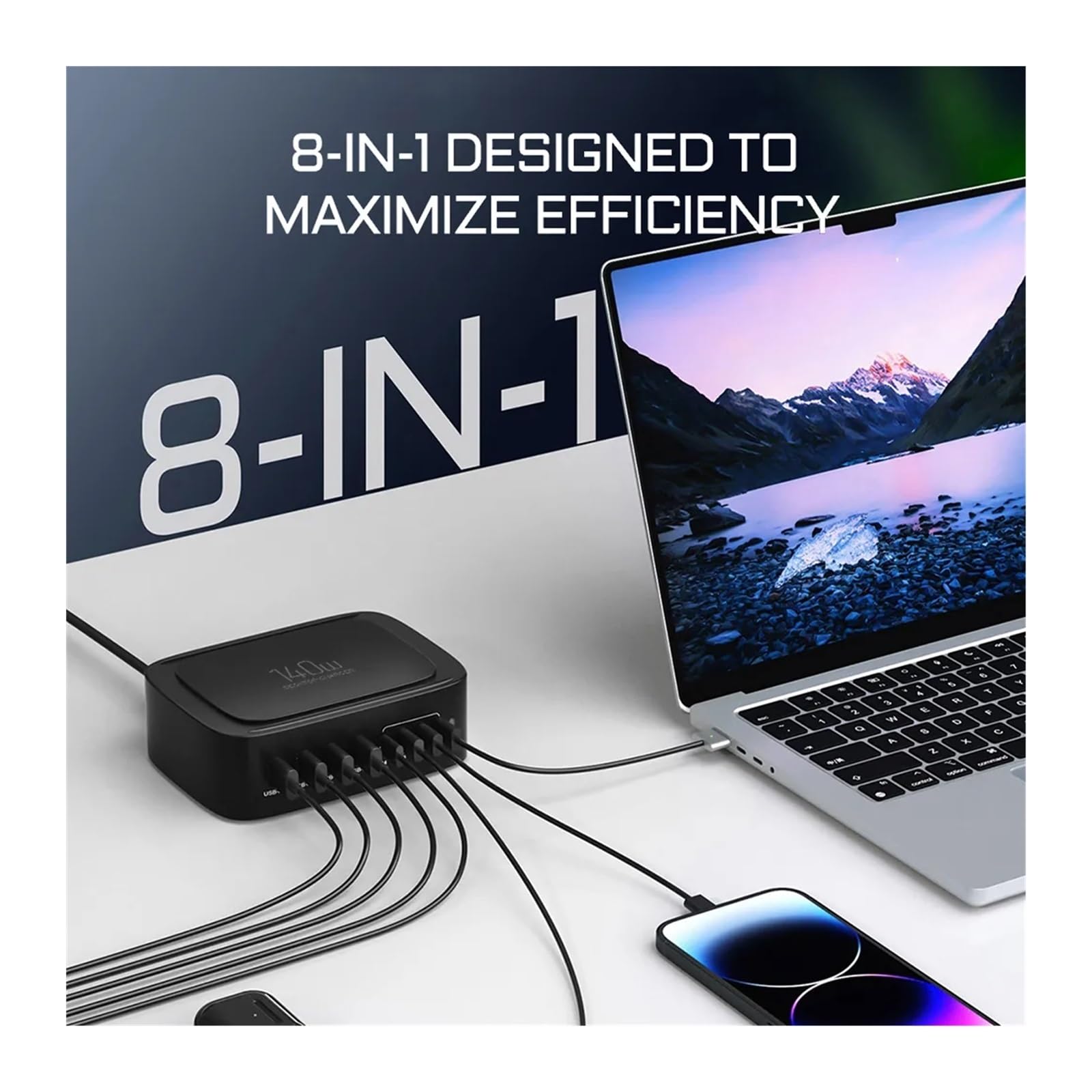 Caricatore Multi USB a 8 Porte da 140 W Stazione di Ricarica Rapida USB C QC3.0 PPS