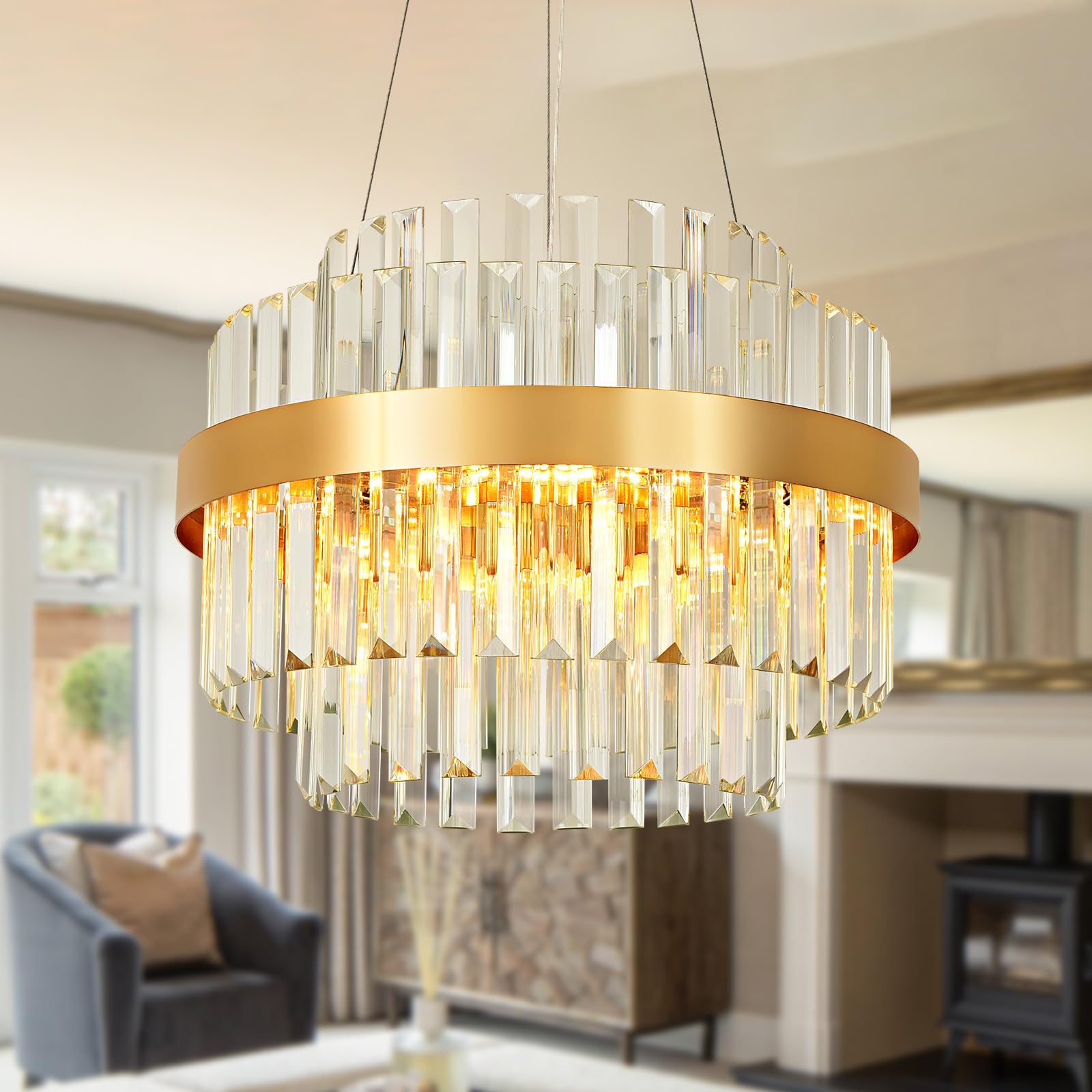 AOOCHOK Modern Crystal Chandelier, LED 3-Color Change Gold Pendant ...