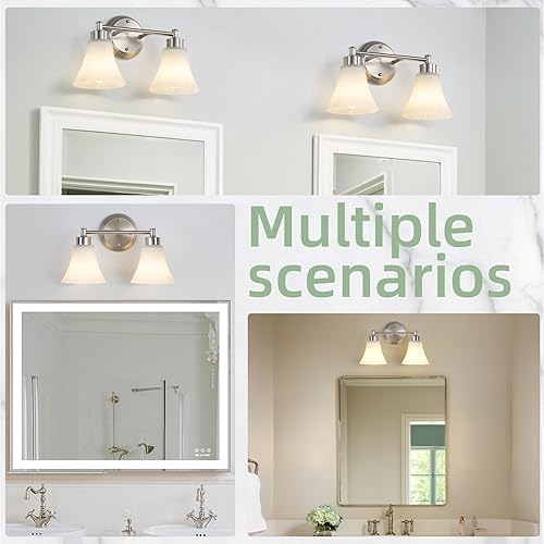 Miniatura 8 de LOUSACE Lámpara de tocador de baño de 2 luces de níquel cepillado sobre espejo con vidrio esmerilado blanco ópalo, accesorio de iluminación de pared