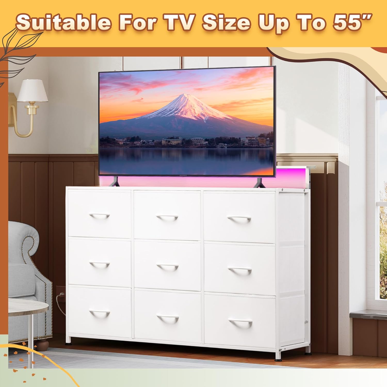 White TV Stand for 45, 50, 55 inch TV, TV Media Console Table with LED Lights & Charging Station, Entertainment Center with 9 Fabric Drawers and Open Shelves for Living Room, Hallway - Image 2