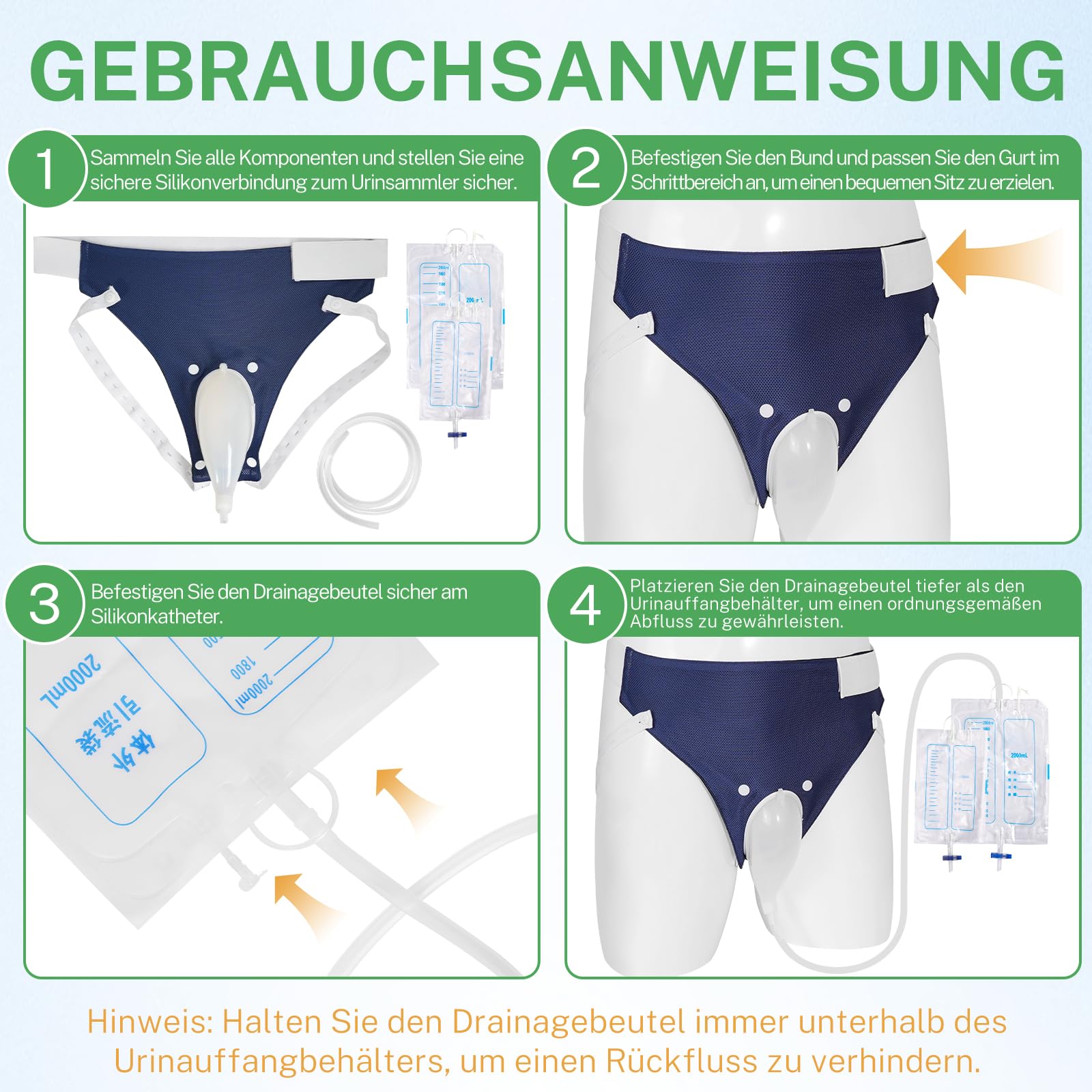 Poche à urine portable sans cathéter pour hommes âgés, alternative aux sous-vêtements pour incontinence pour personnes âgées, collecteur d'urine réutilisable (1000 ml*1 + 2000 ml*1) bleu