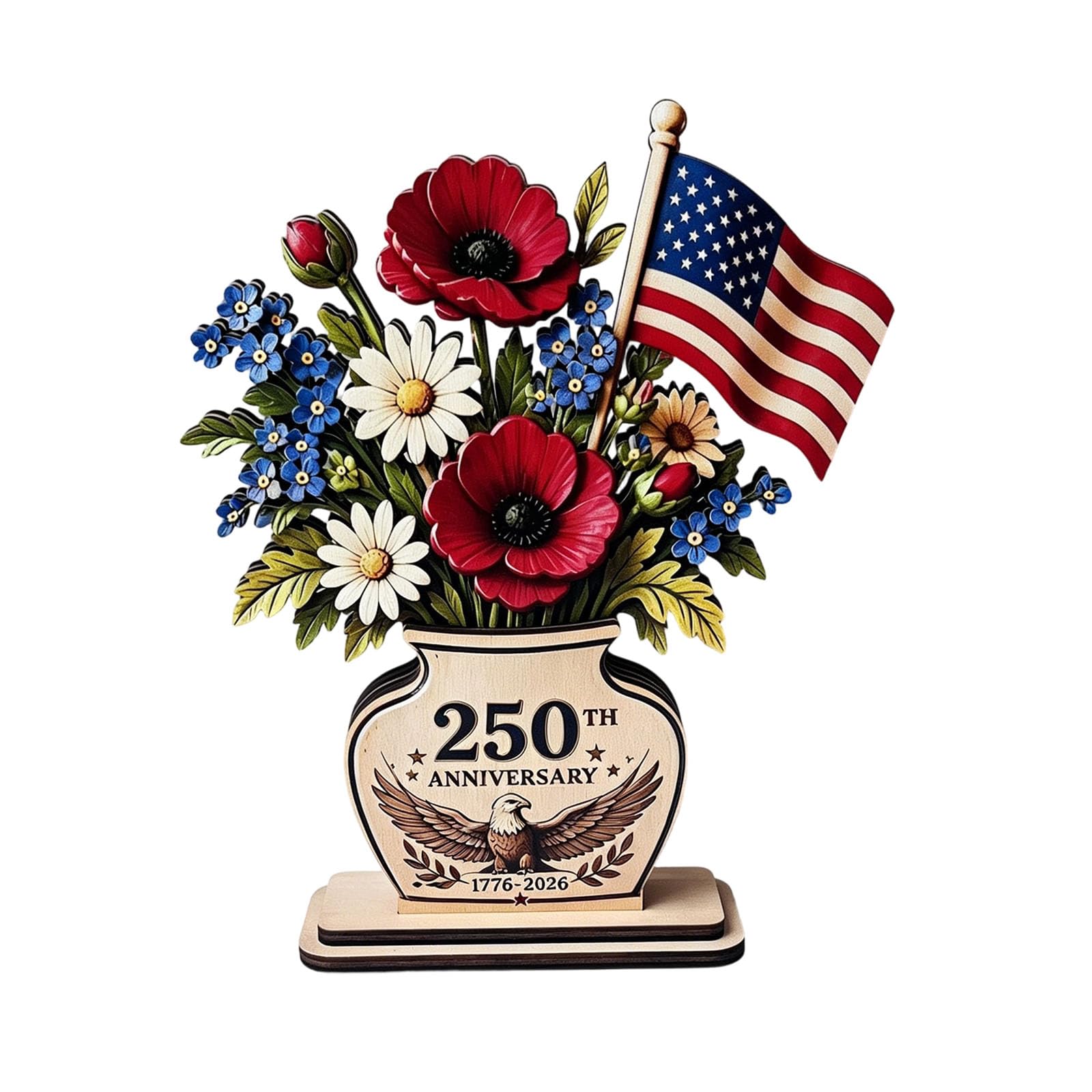 Freestanding Patriotic Desk Decor Sign, Wooden 250th Anniversary Centerpiece with Flag Floral Bouquet for Mantel, Shelf, and Holiday Table Styling Americana Centerpiece Independence Day Mantel Shelf