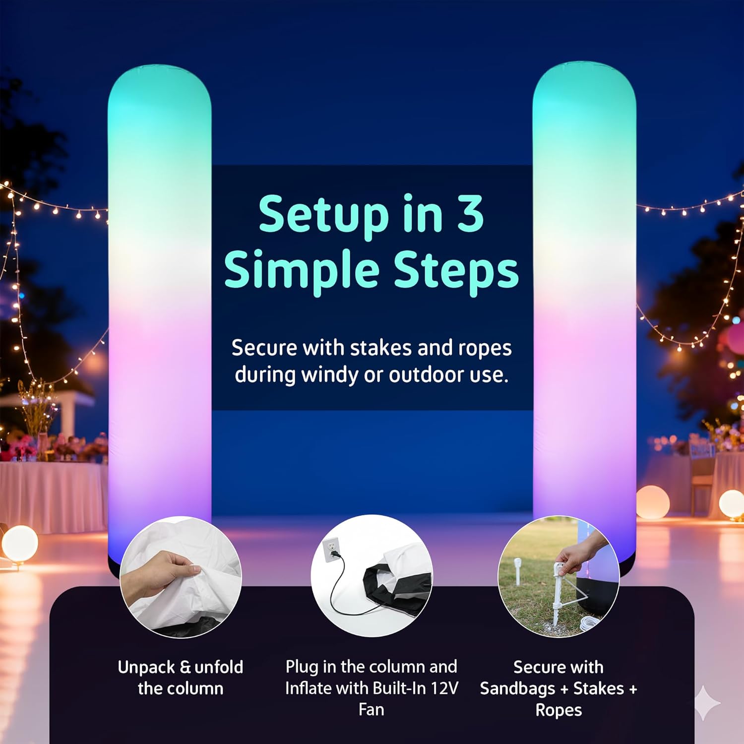 Inflatable Color Changing Column 8' x 18", Sand Bag Base, 4 Modes, Remote-Controlled LEDs