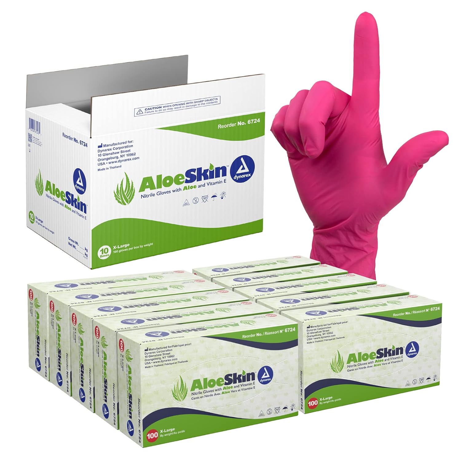 Dynarex AloeSkin Nitrile Exam Gloves with Aloe, Powder-Free, Disposable Gloves with Aloe Vera for Dry Hands, Magenta, Large, 1 Case of 1000 Gloves - 10 Boxes of 100 Gloves