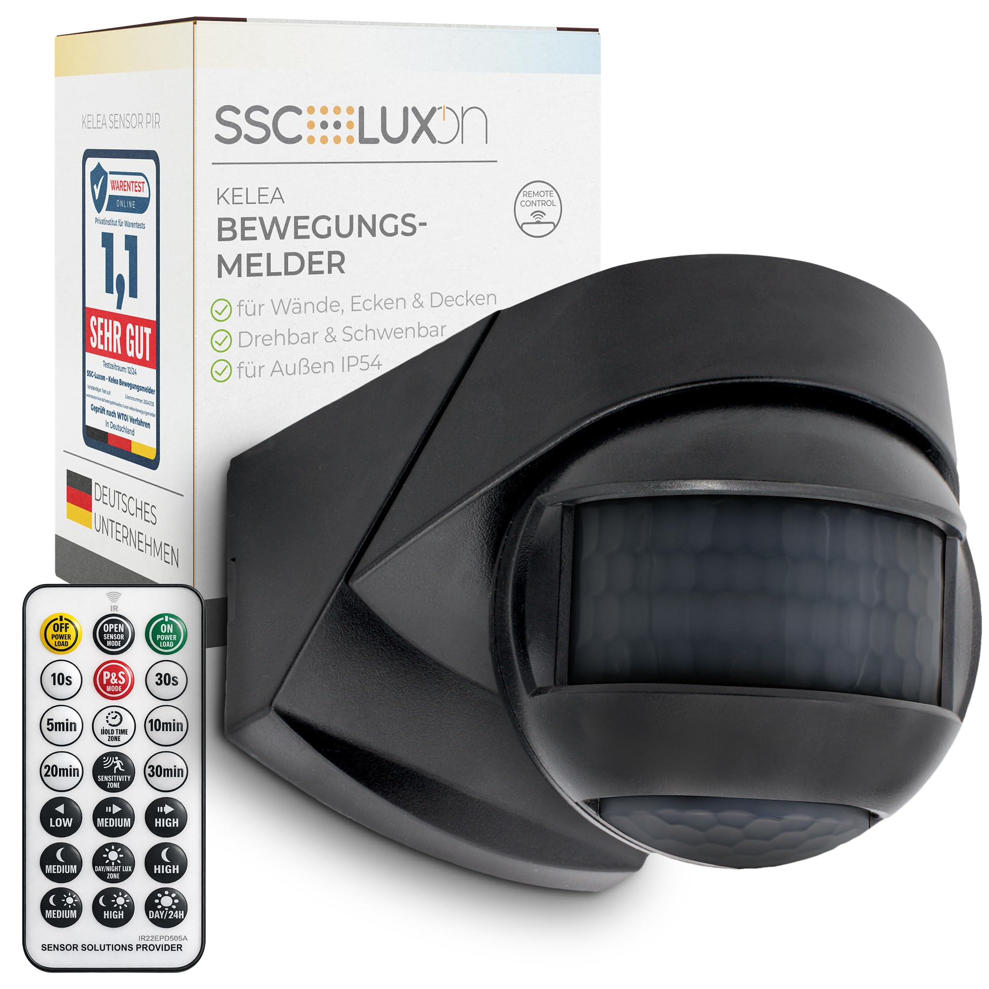 SSC-LUXon KELEA - Detector de movimiento (IP54, sensor de movimiento PIR, incluye mando a distancia, sensor crepuscular de 180 y 360 grados, para interior y exterior)