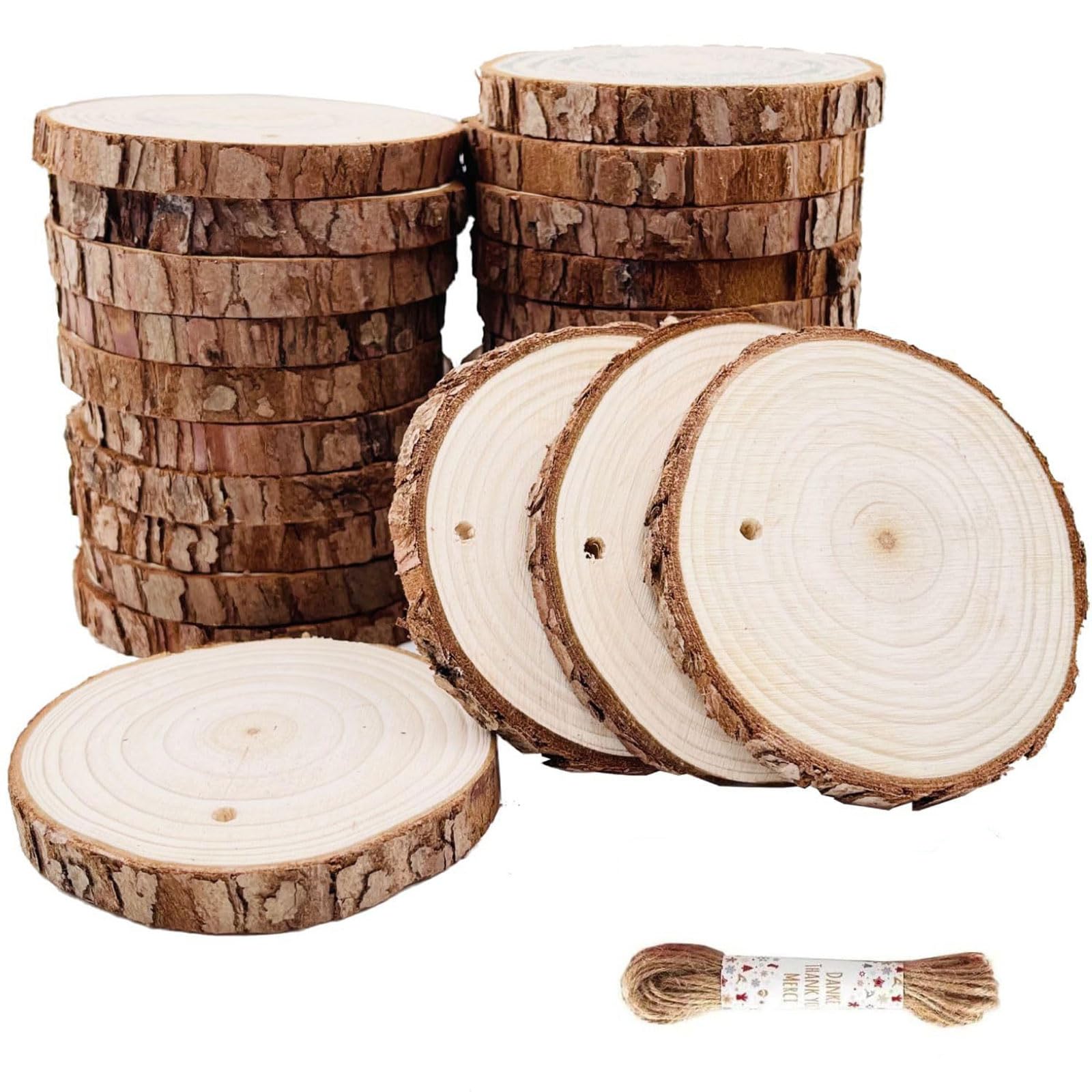 20 Stück Holzscheiben Zum Basteln, Unbehandeltes Holz Mit Rinde, Vorgebohrt Mit Loch, 10 M Schnur Zum Basteln, Hochzeit, Wanddekoration, Untersetzer(Size:3.93-4.33in(10-11cm) thickness 0.39in(1cm))