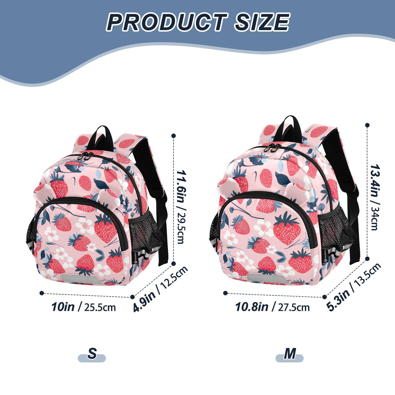 White Flowers Strawberries Toddler Harness Backpack for Boys Girls 3-6 Years Kids Backpack with Anti Lost Safety Leash Baby Travel Bag for Walking Travel Preschool