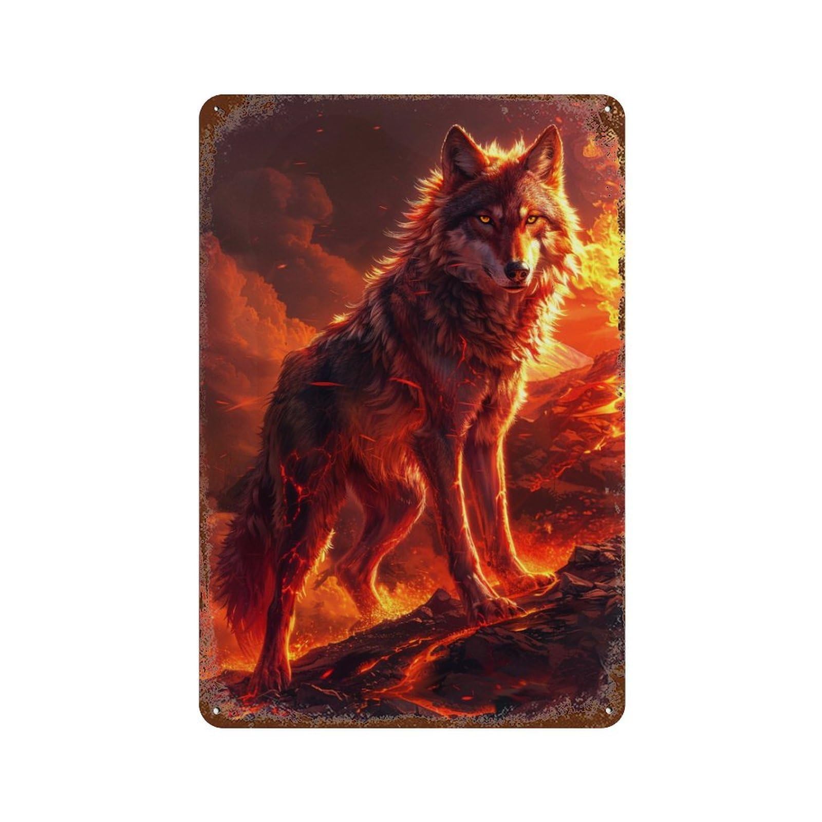 Weathered Tin Sign with Flaming Wolf Artwork Design 11.8"x7.9", for Office, Studio And Wall Decor, Retro Wall Decor