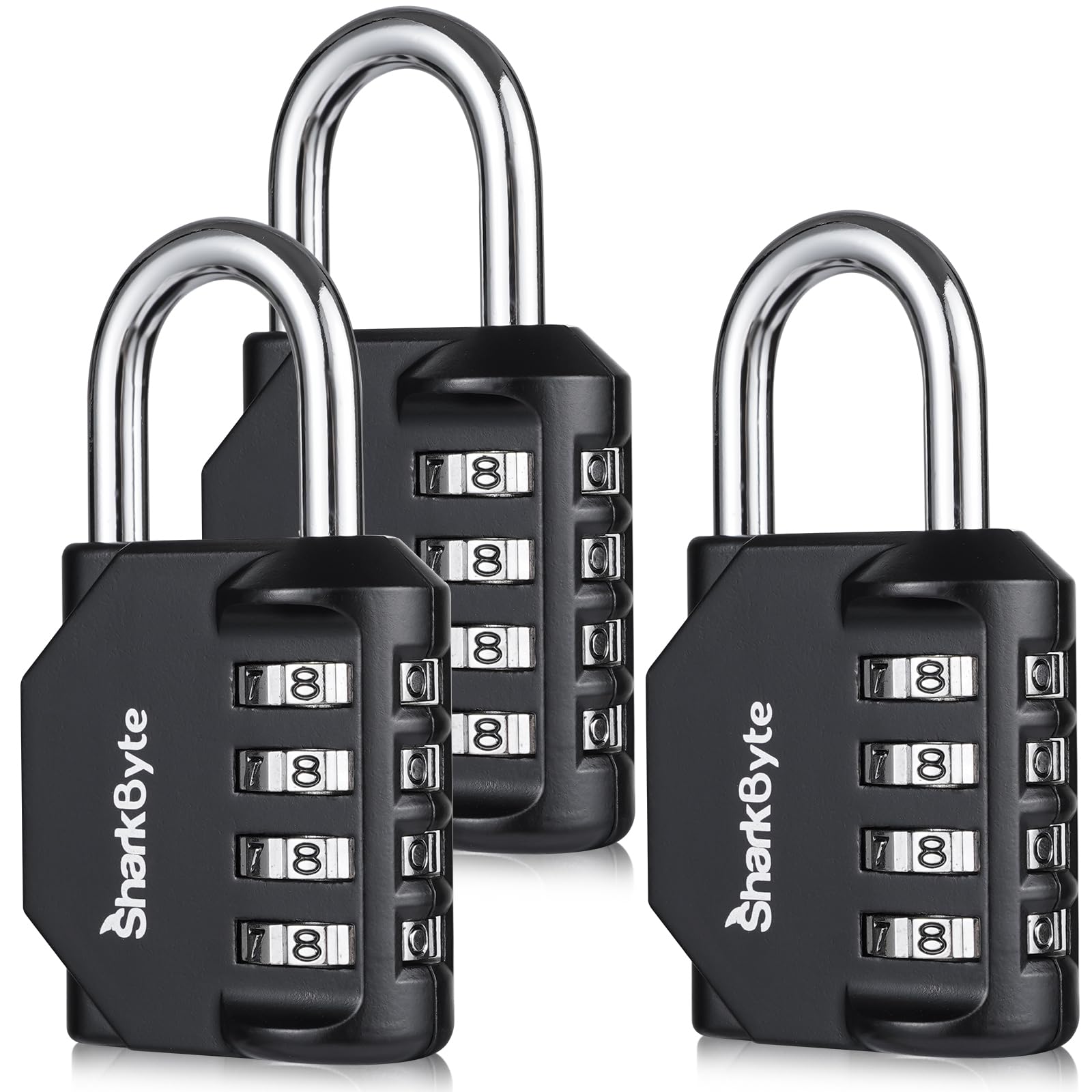 Sharkbyte 3 Pack, Black Combination Padlock - 4-Dial Heavy Duty Combination Lock, Weatherproof Outdoor Lock Re-Settable Combination Padlock For Gym, School, Locker, Outdoor Shed, Storage, Cabinet, Toolbox (3 Pack)