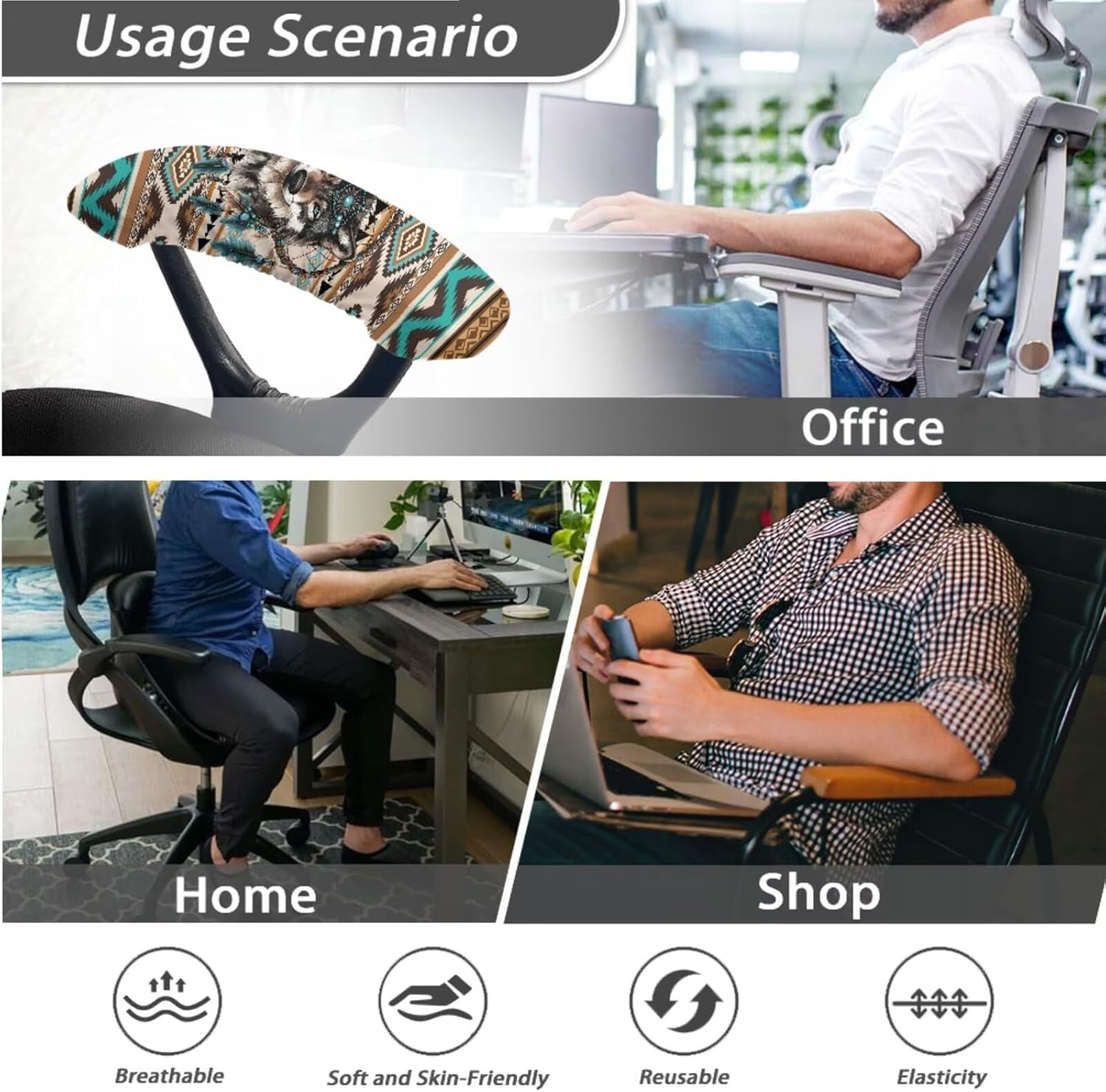 Aztec Wolf Print Computer Chair Cover with Armrest Covers, Dream Catcher Printed Office Chair Cover Set, Stain Resistant Office Chairs Accessories, L