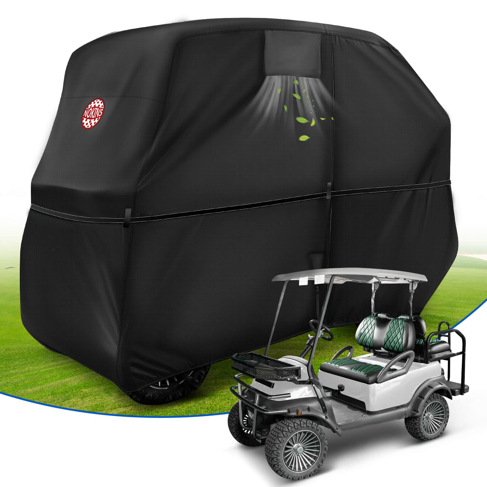 NOKINS Golf Cart Cover, 420D Waterproof Oxford Fabric Cover Fit for EZGO, Club Car Most Standard Golf Cart 2+2 Seater, Heavy-Duty Windproof Sunproof