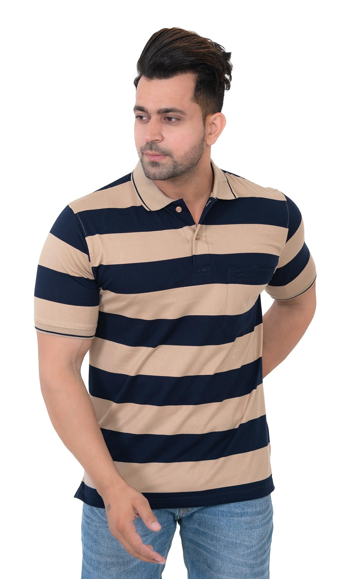 EMBRO Casual Wear Breathable Polycotton Sinker Regular Fit Chest Pocket Polo Striped T-Shirt for Men's