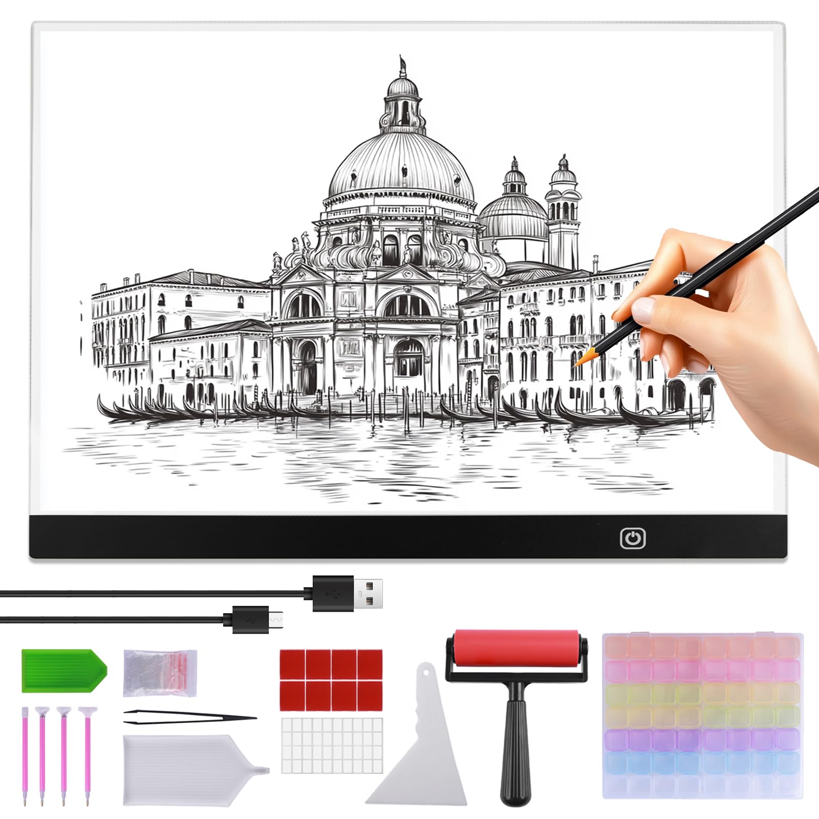 Portable LED A3 Light Box, Ultra-Thin A3 LED Light Pad, Adjustable Brightness Light Box Drawing Board for Diamond Painting Drawing Sketching Animation, with Diamond Art Accessories Tools