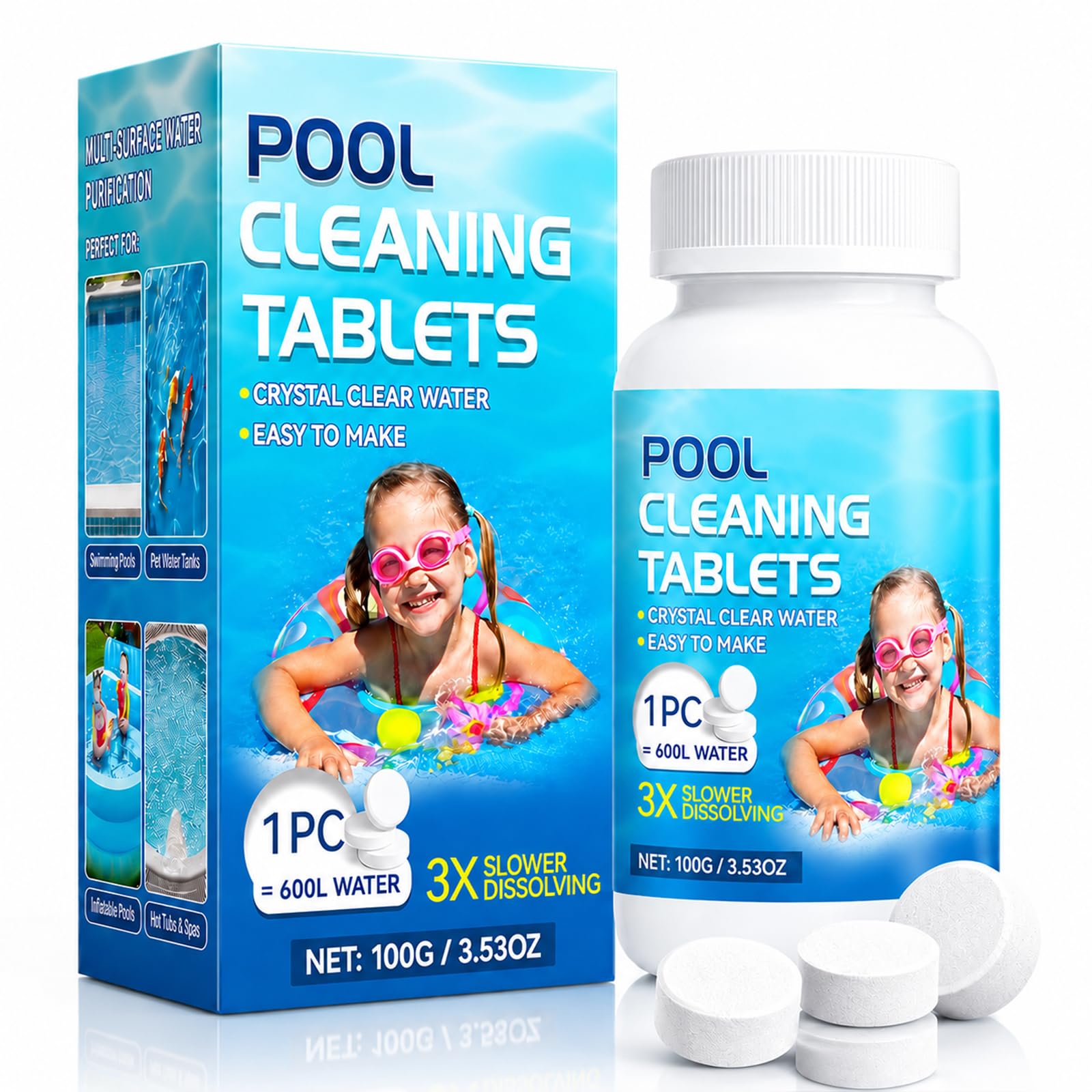 Chlorine Tablets,Swimming Pools, Hot Tubs & Spas, Slow-Dissolving, Long-Lasting Water Treatment, 1 Tablet Per 135 Gallons (600 Liters) 100PCS