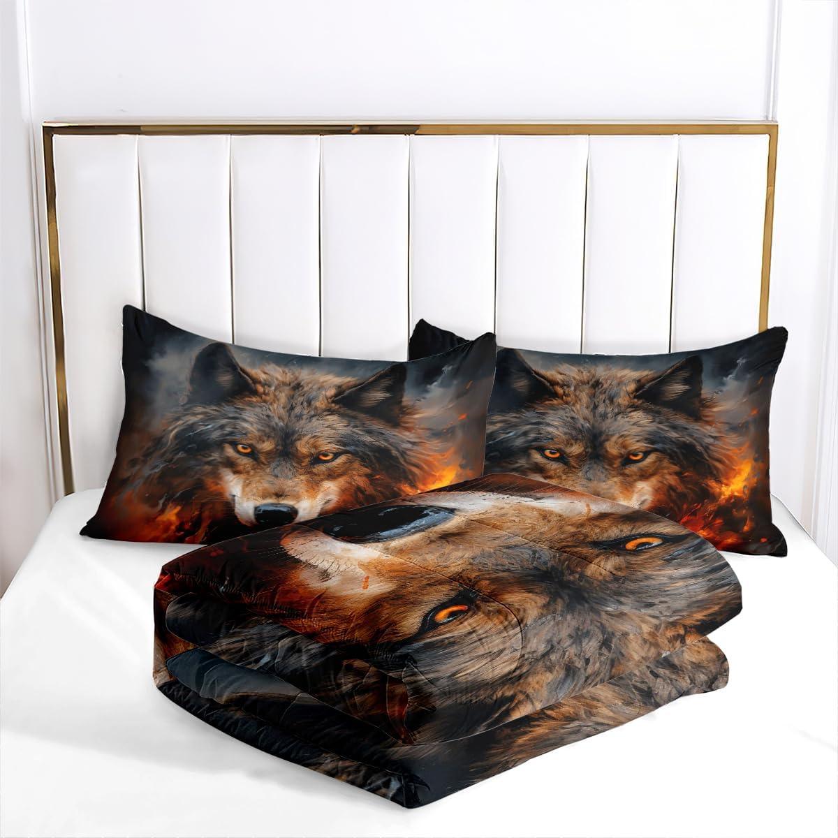 CCoutueChen Wolf Comforter Set Queen Size, Black Red Fire Microfiber Bedding Set, Western Wildlife Bedroom Decor, 90''x90''