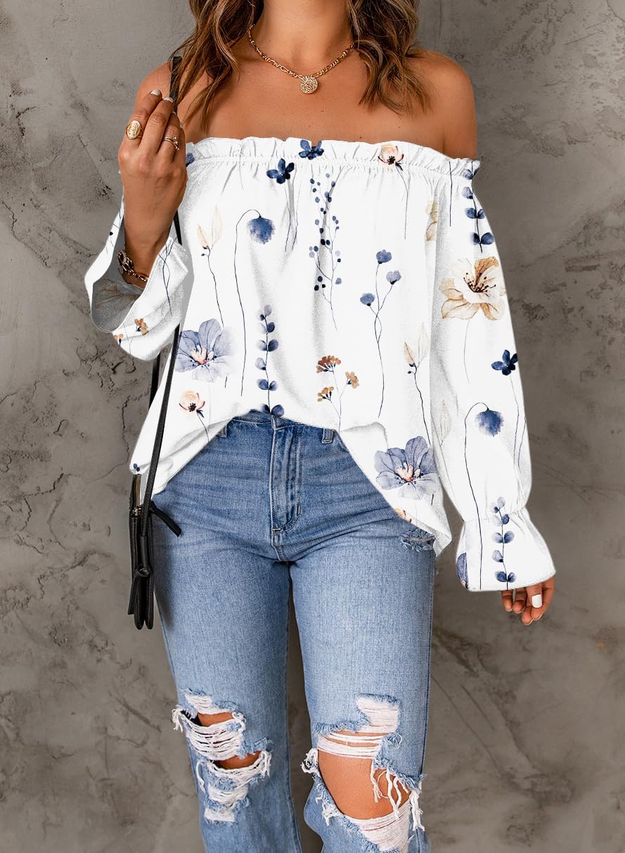 Women's Off Shoulder Top Ruffle Long Sleeve Chiffon Blouse Casual Loose Shirts - Image 2