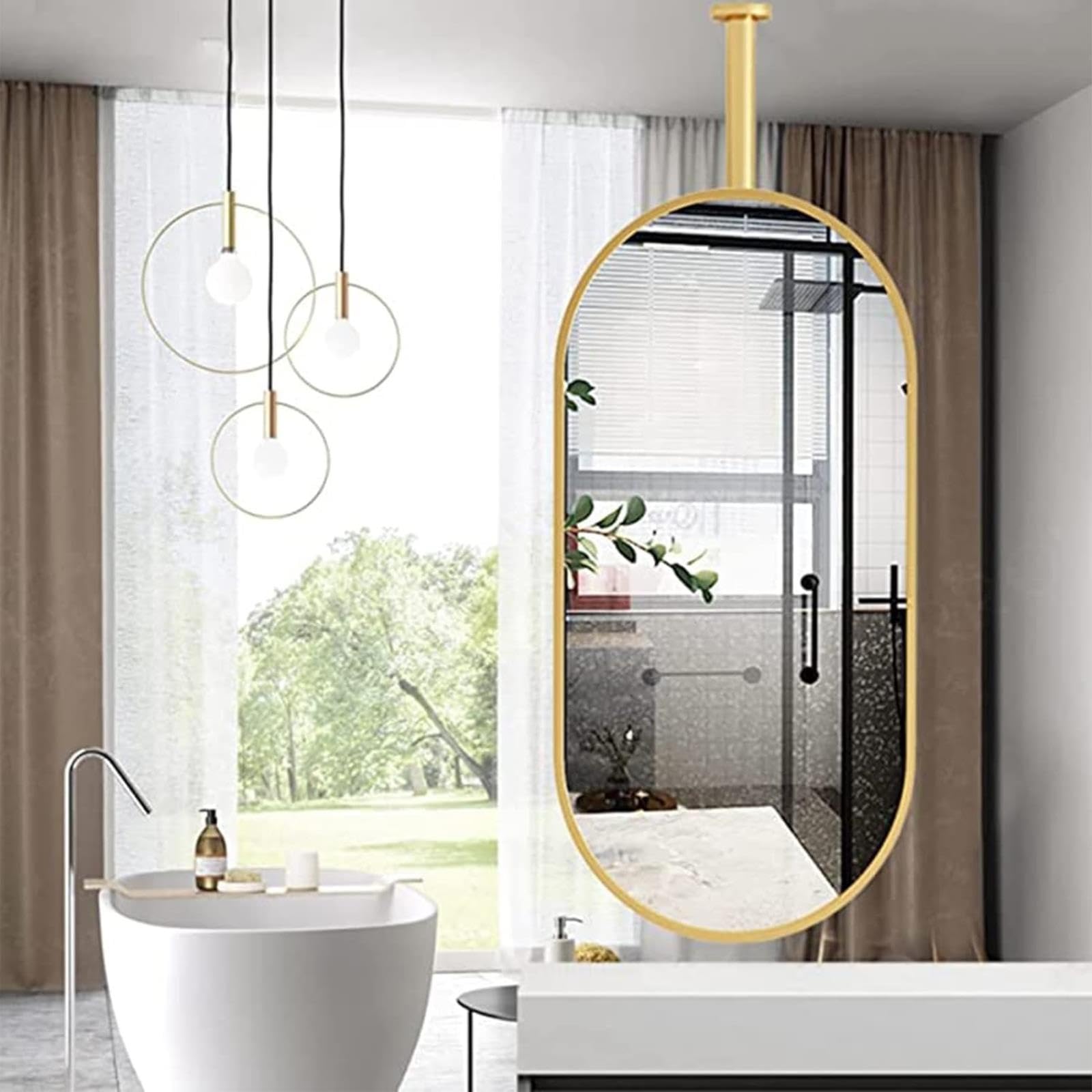 Eleganckie złote metalowe owalne lustro wiszące regulowany pręt dekoracyjne lustro sufitowe do przedpokoju i holu stylowa dekoracja domu 40 x 60 cm nowoczesny design